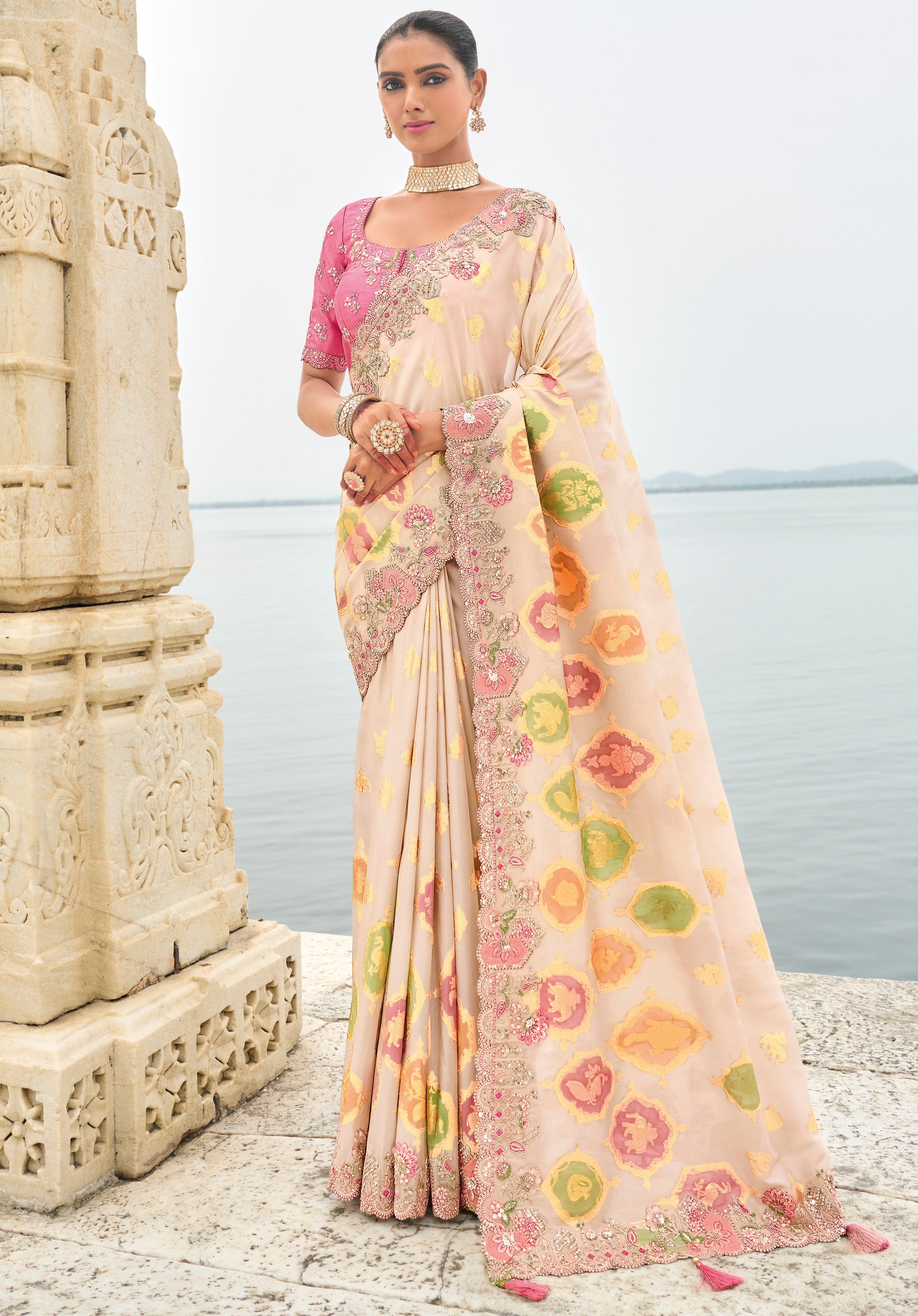 Cream Silk Saree With Embroidery Work