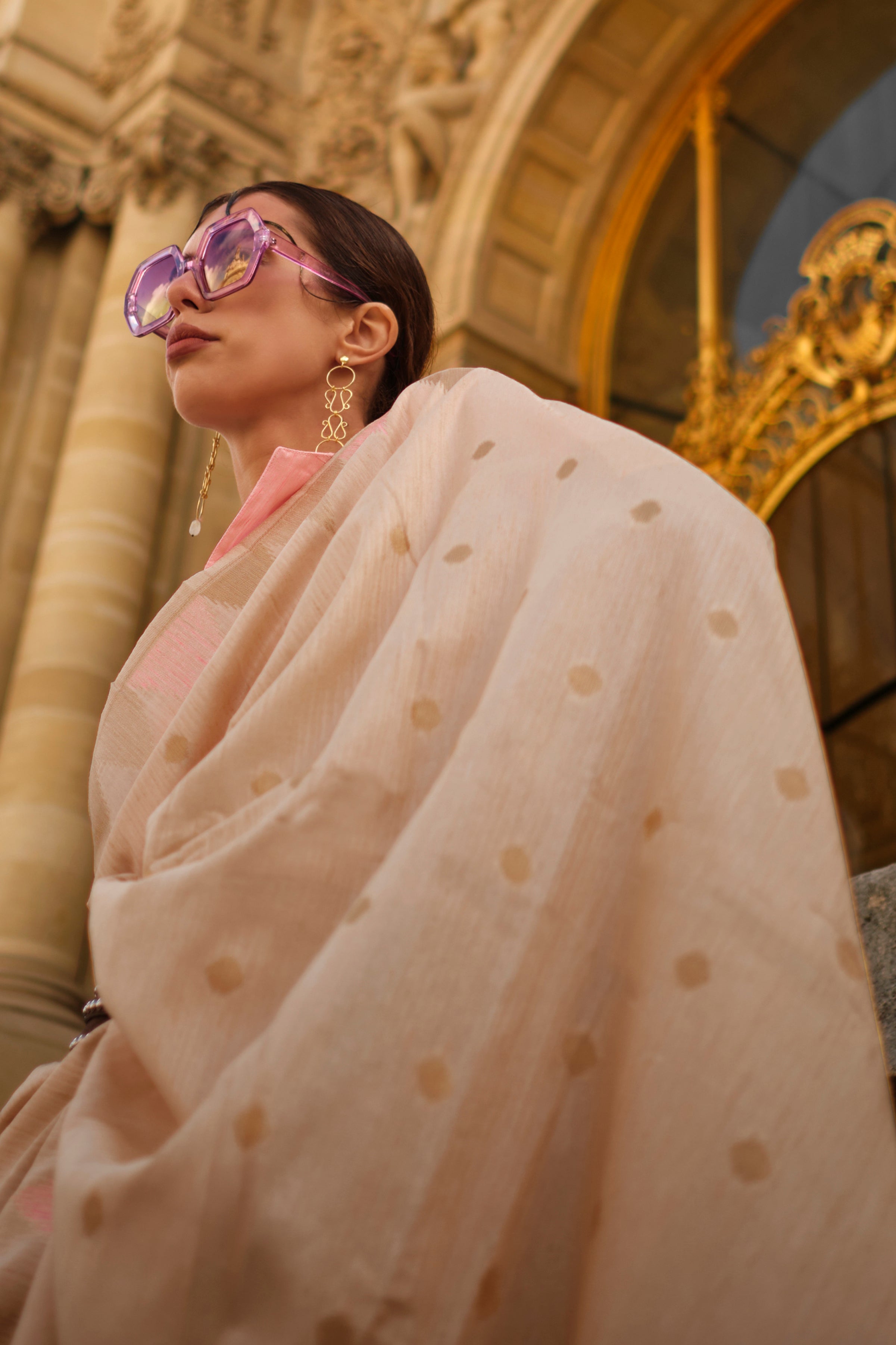 Cream Silk Saree With Jacquard Woven