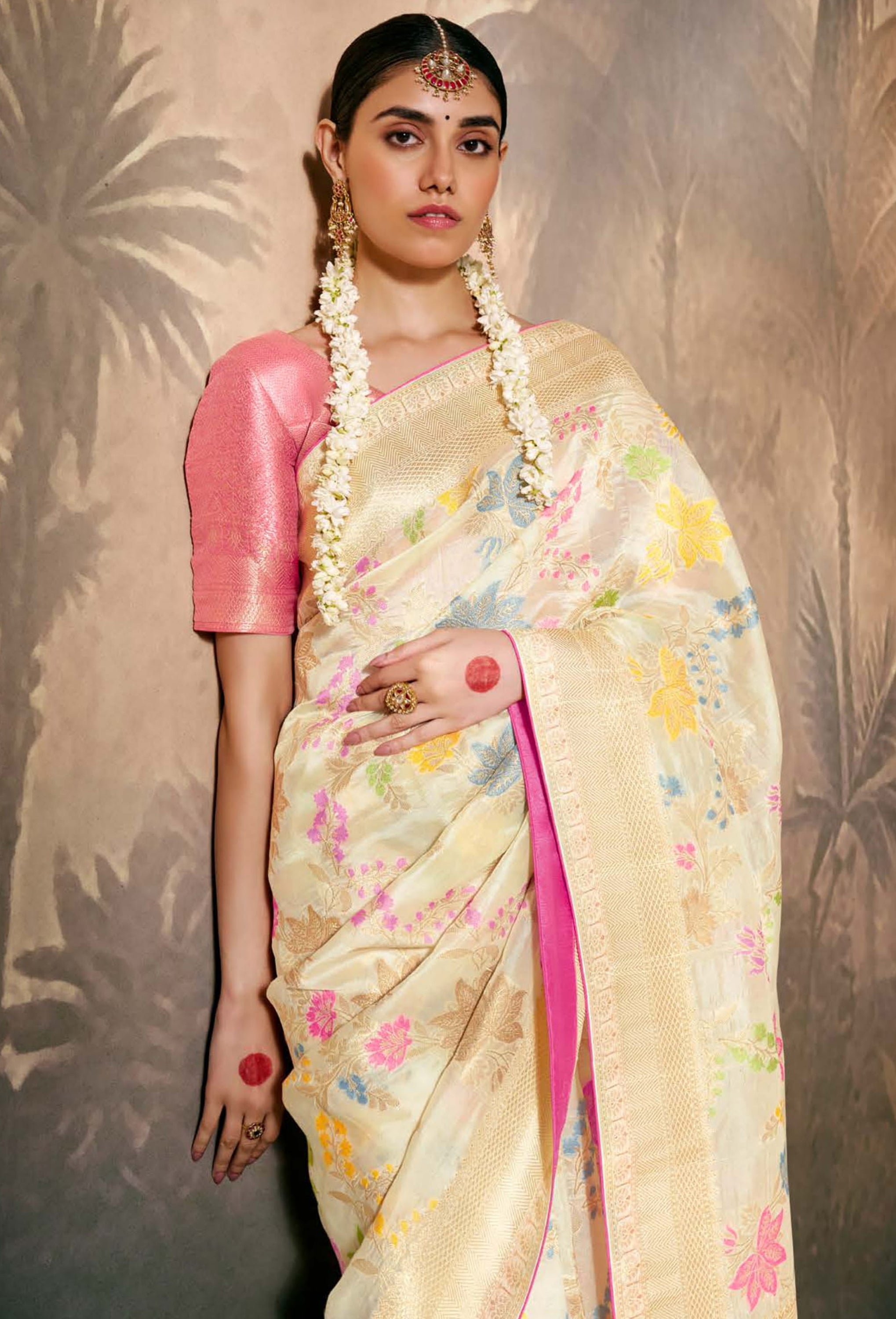 Cream Silk Saree With Jacquard Woven