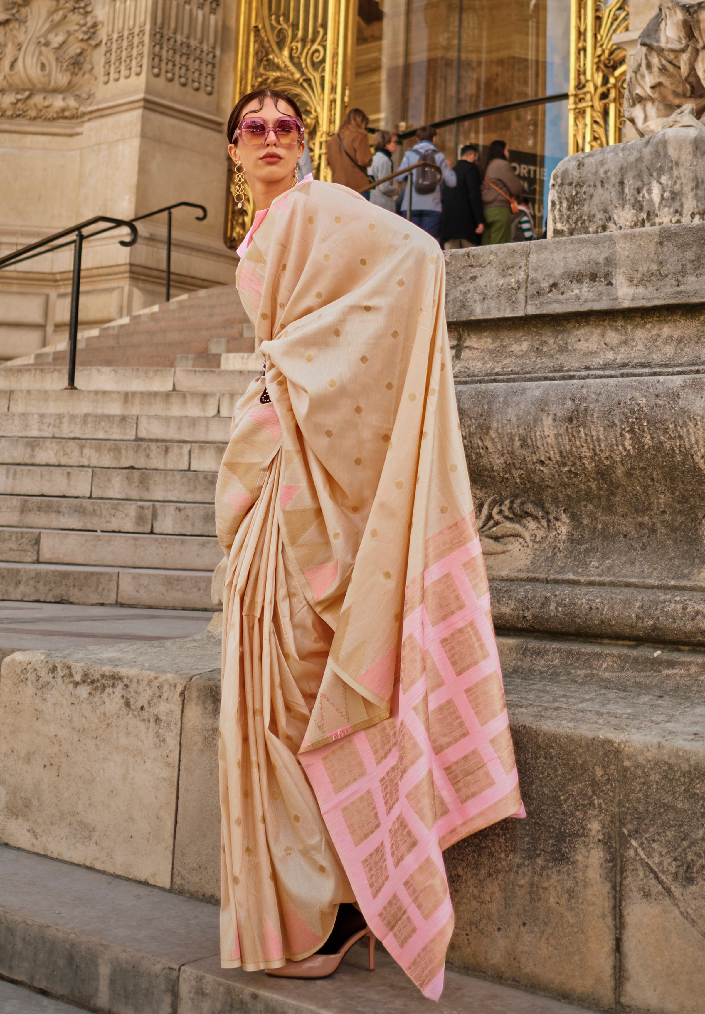Cream Silk Saree With Jacquard Woven