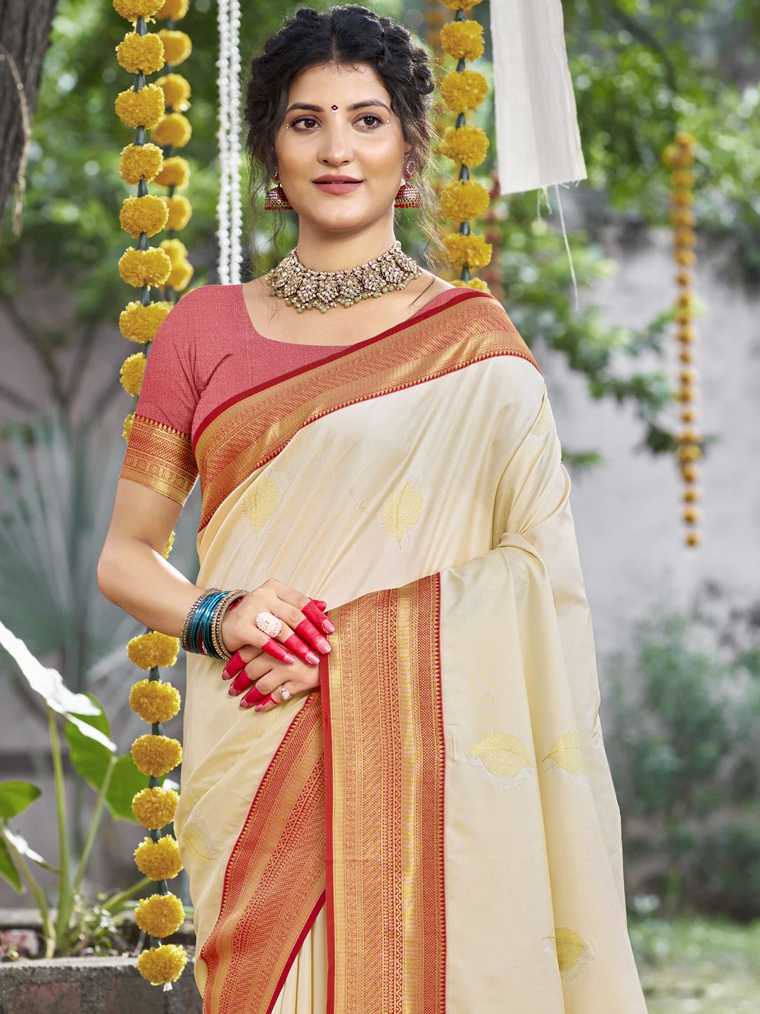 Cream Silk Saree With Woven Work