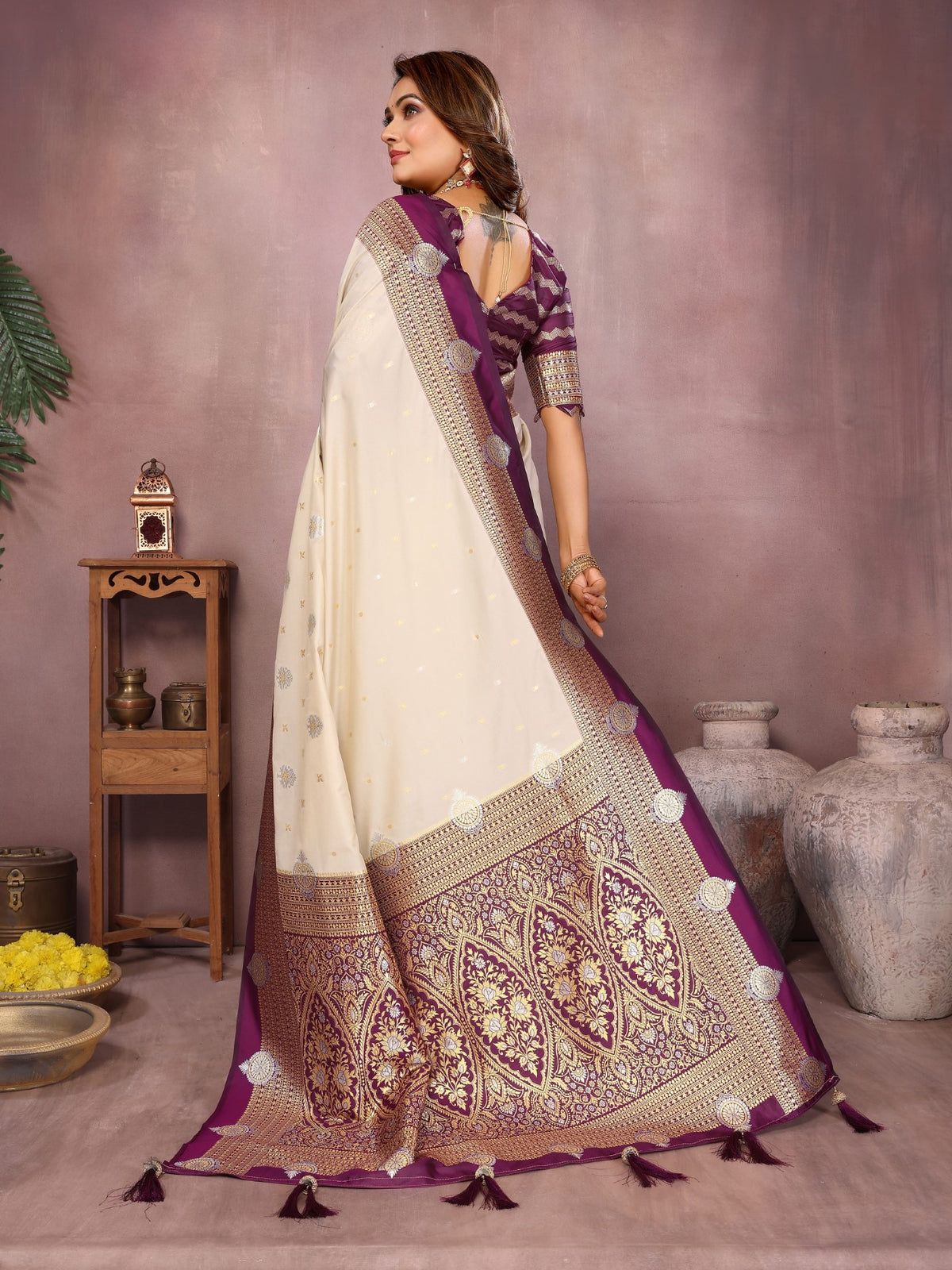 Cream Silk Sarees Saree With Traditional Weaving