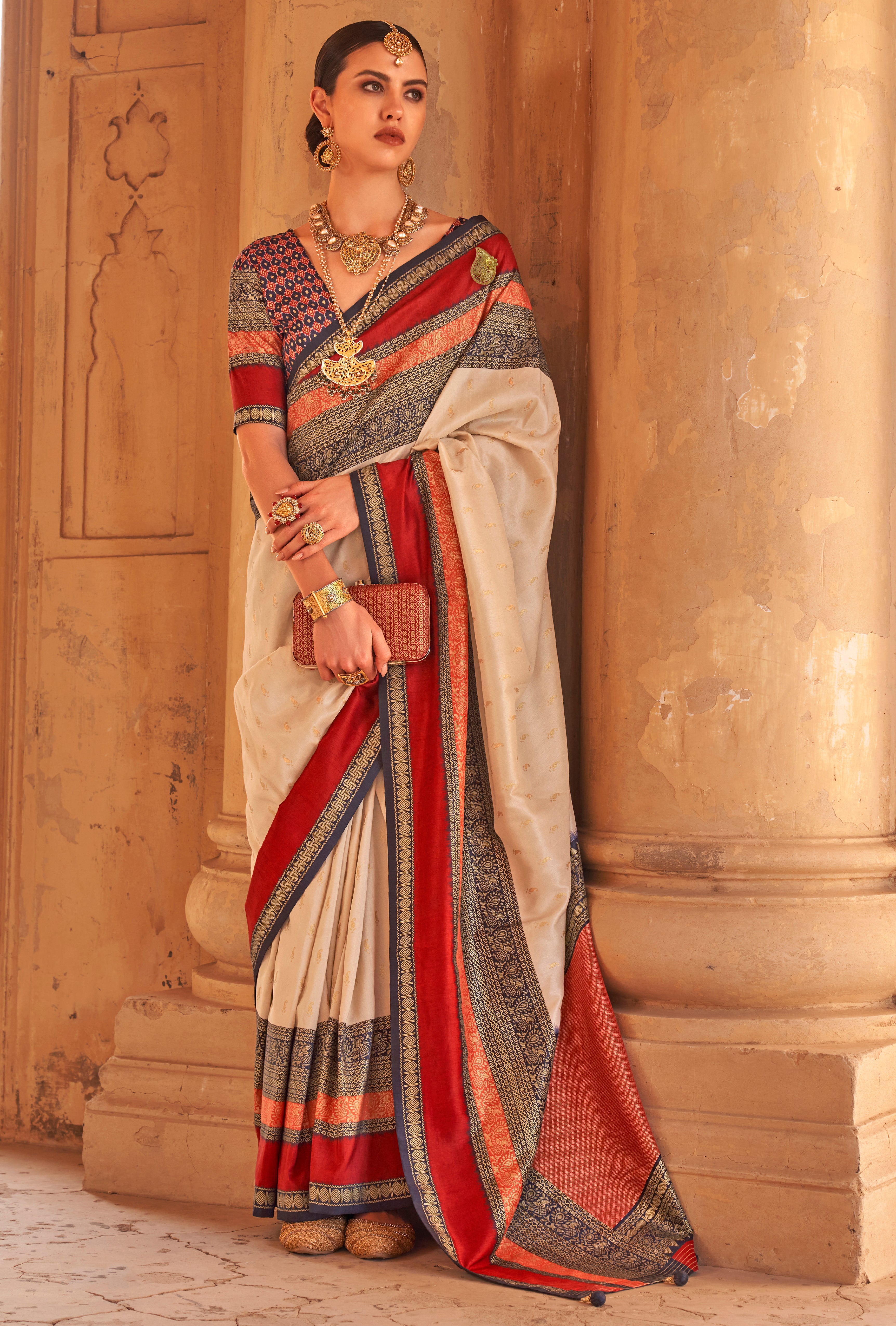 Cream Silk Saree with Jacquard Woven Work