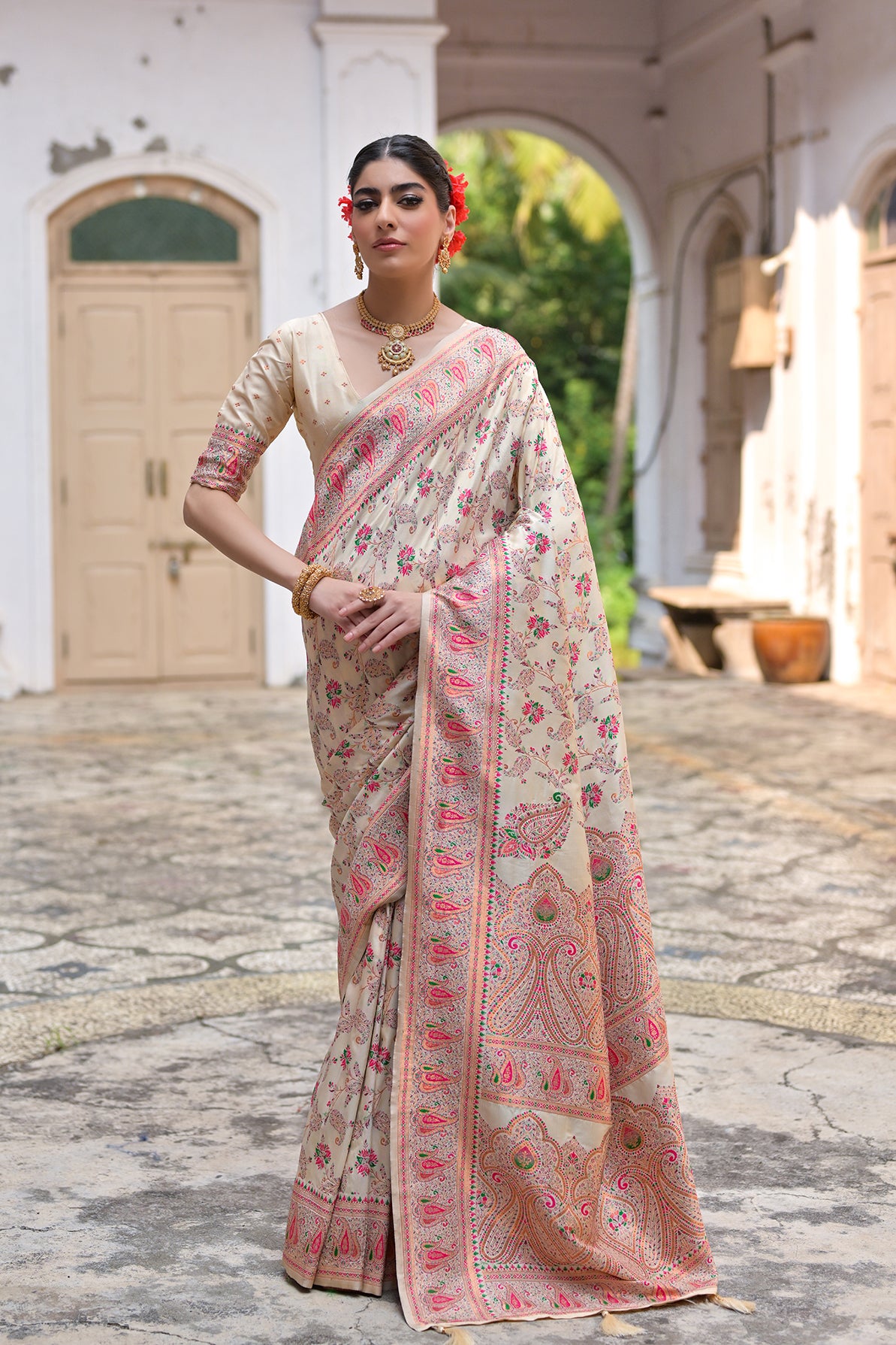 Cream Silk Saree with Thread Jal and Floral Weaves