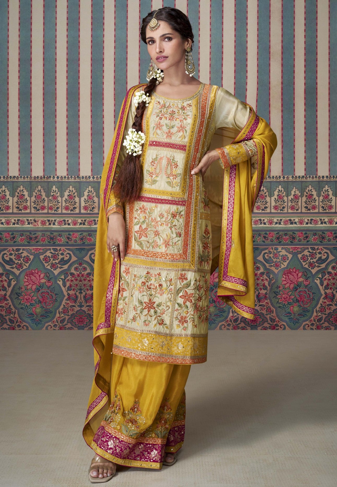 Cream Simar Silk Palazzo Suit With Jacquard Lace Detailing