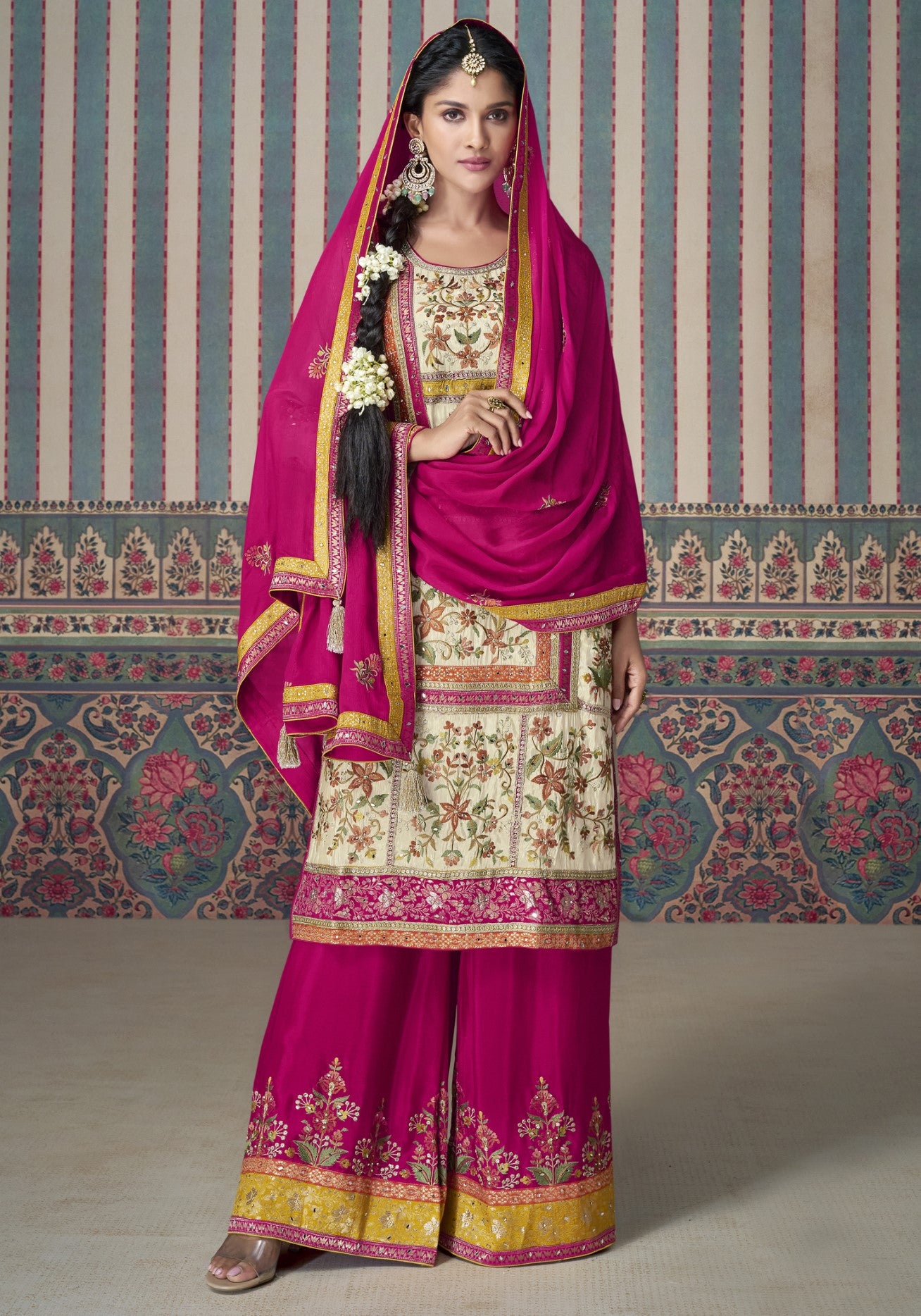 Cream Simar Silk Palazzo Suit With Jacquard Lace Work