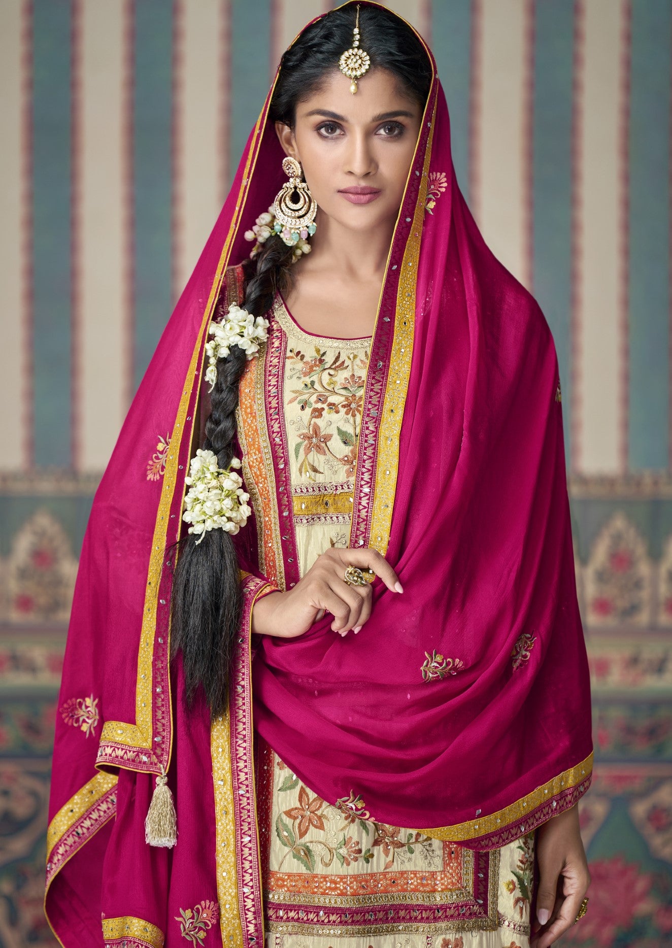 Cream Simar Silk Palazzo Suit With Jacquard Lace Work
