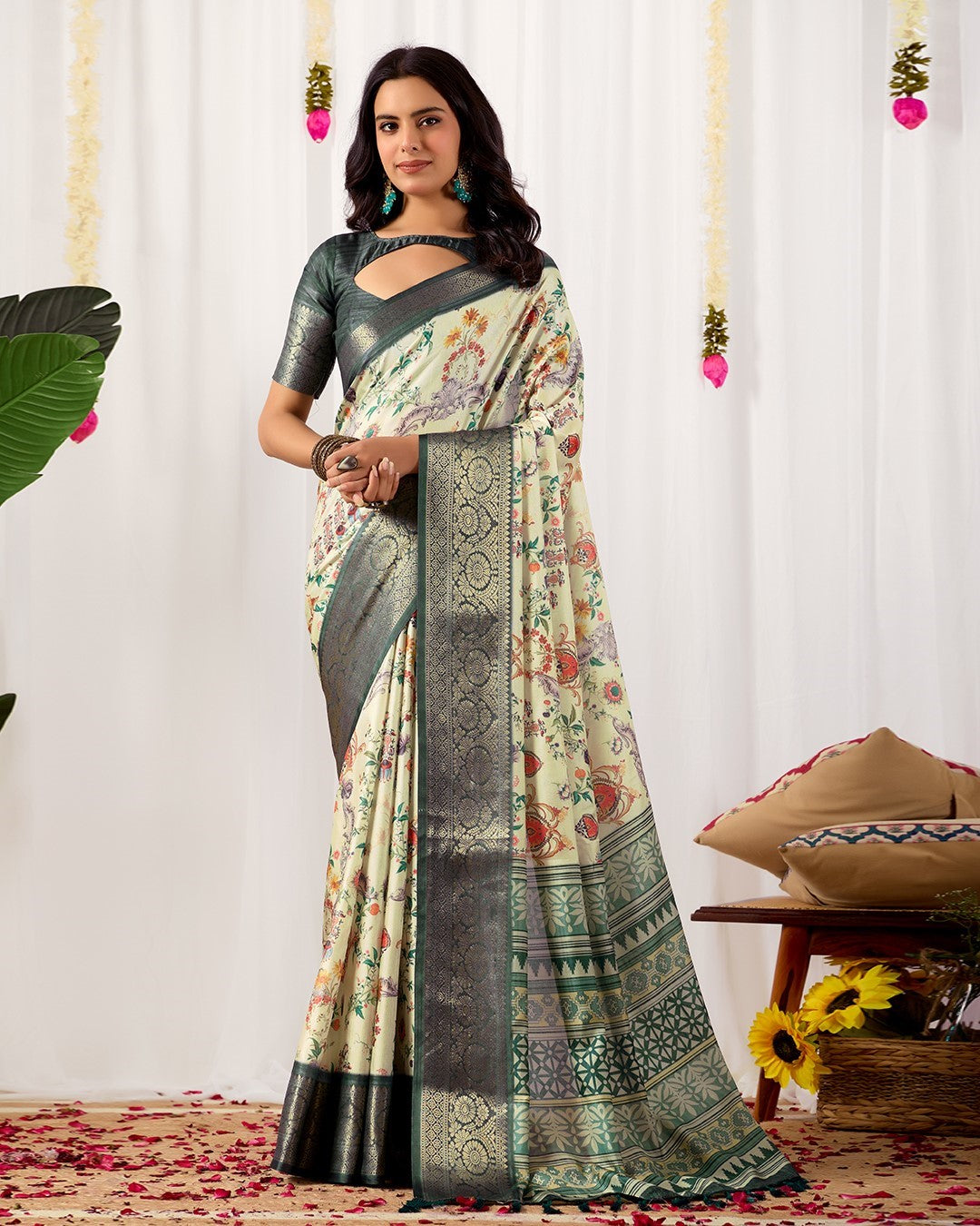 Cream Soft Lichi Silk Saree With Digital Printed Elegant Designer Saree