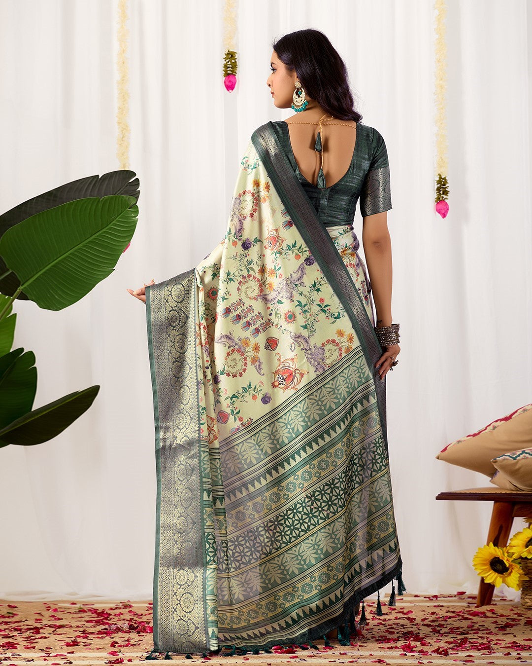 Cream Soft Lichi Silk Saree With Digital Printed Elegant Designer Saree