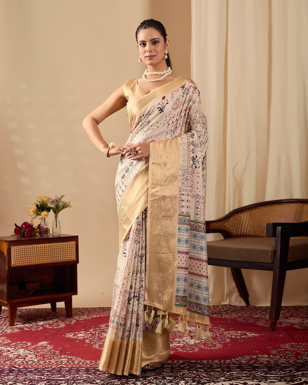 Cream Soft Lichi Silk Saree With Digital Printed Elegant Premium Saree