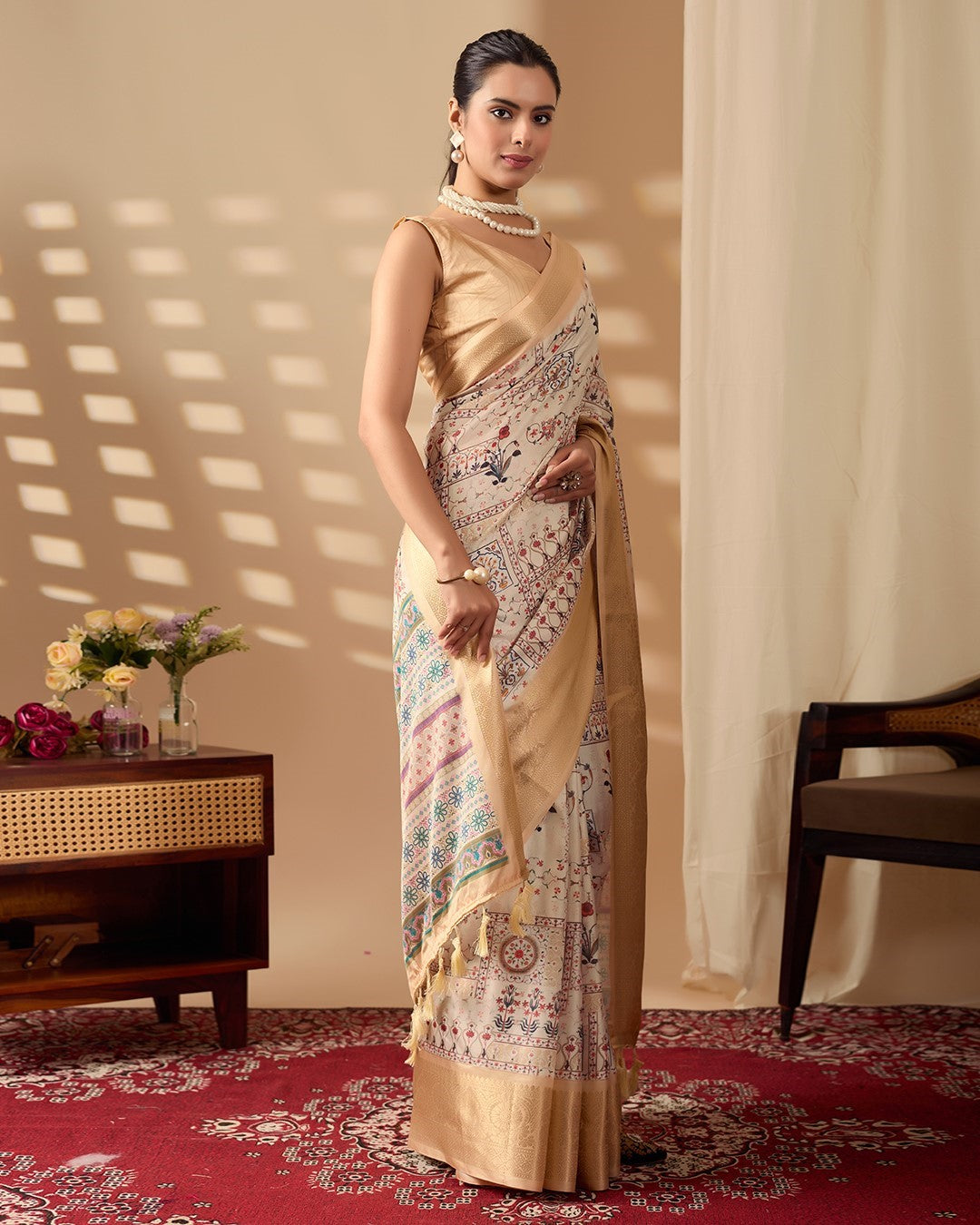 Cream Soft Lichi Silk Saree With Digital Printed Elegant Premium Saree