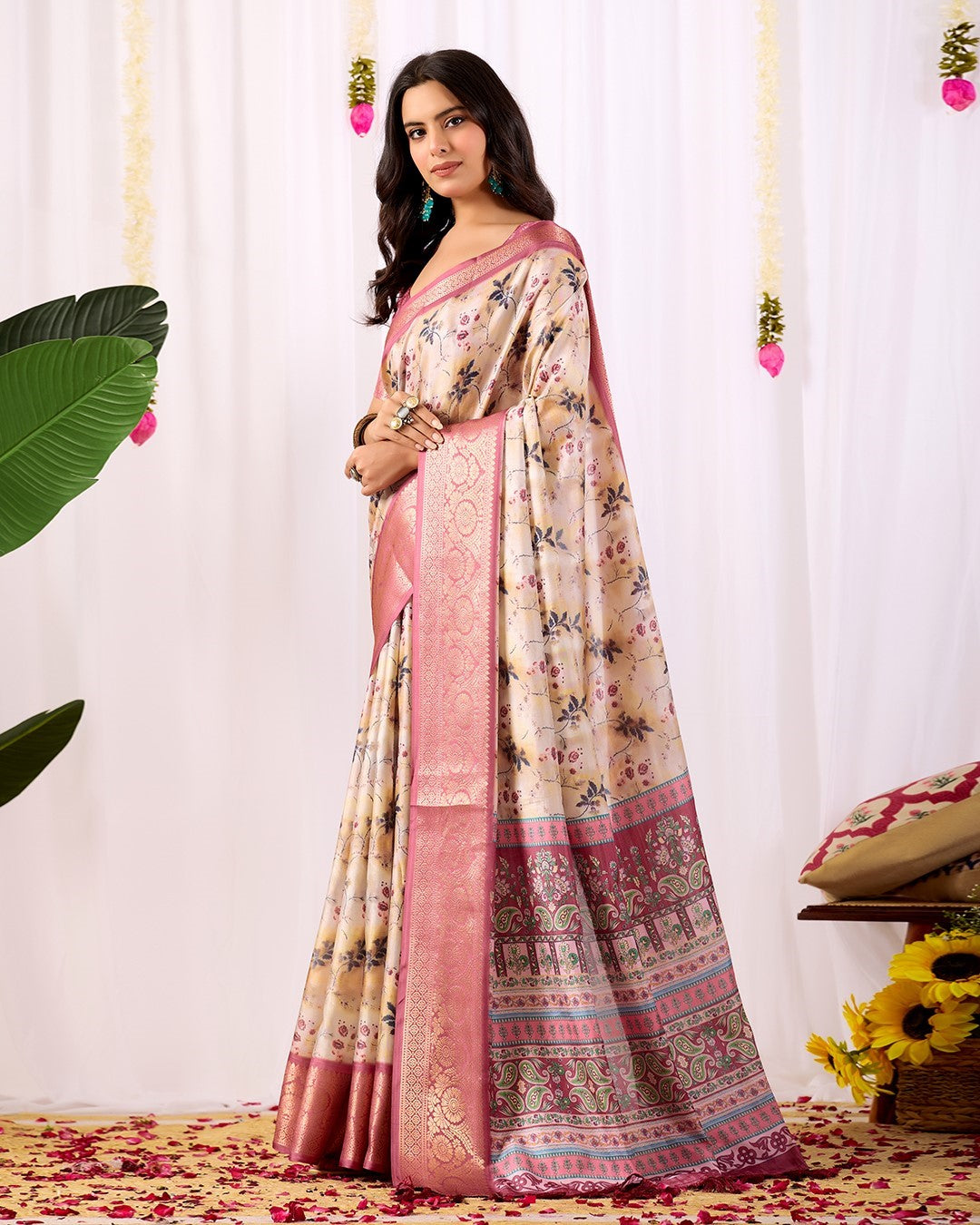 Cream Soft Lichi Silk Saree With Digital Printed Premium Traditional Saree