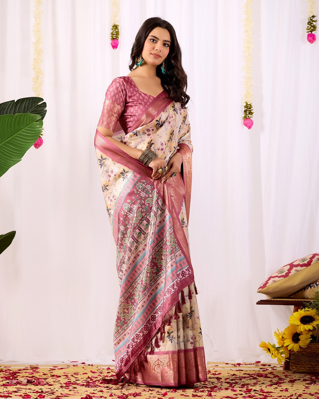 Cream Soft Lichi Silk Saree With Digital Printed Premium Traditional Saree