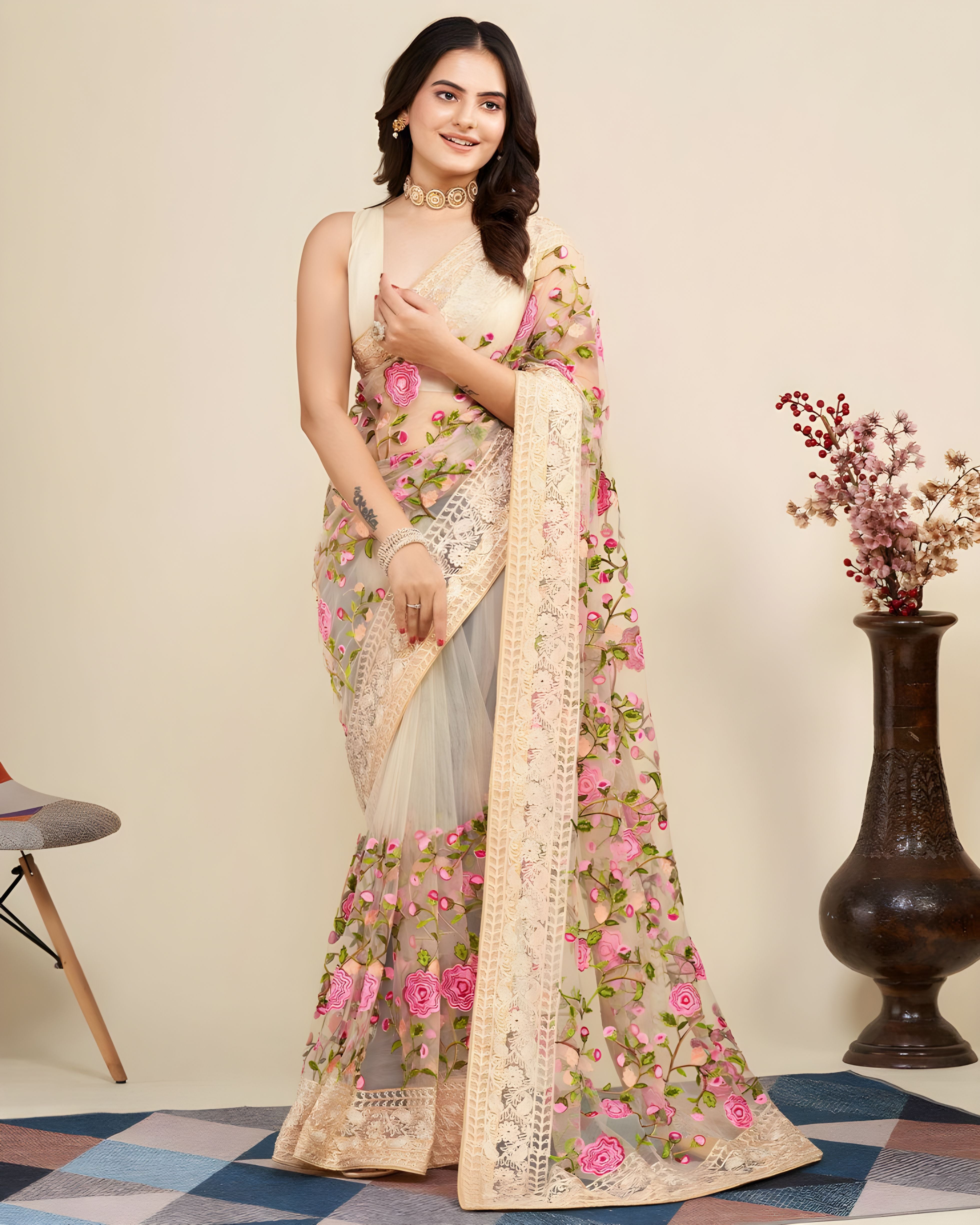 Cream Soft Net Saree with C Pallu Chikankari Embroidery Work