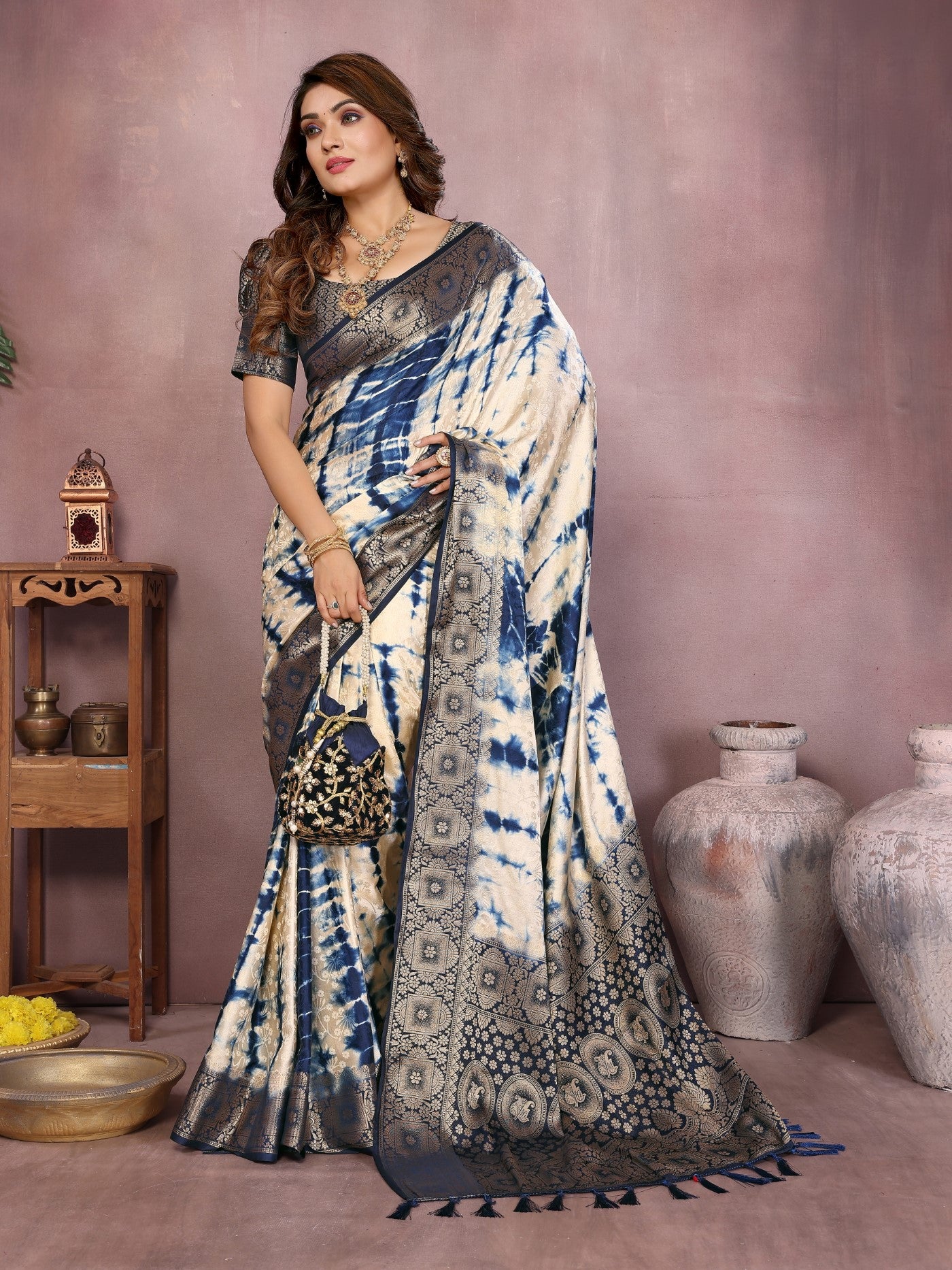Cream Soft Satin Silk Saree With Sibory Zari Weaving Border