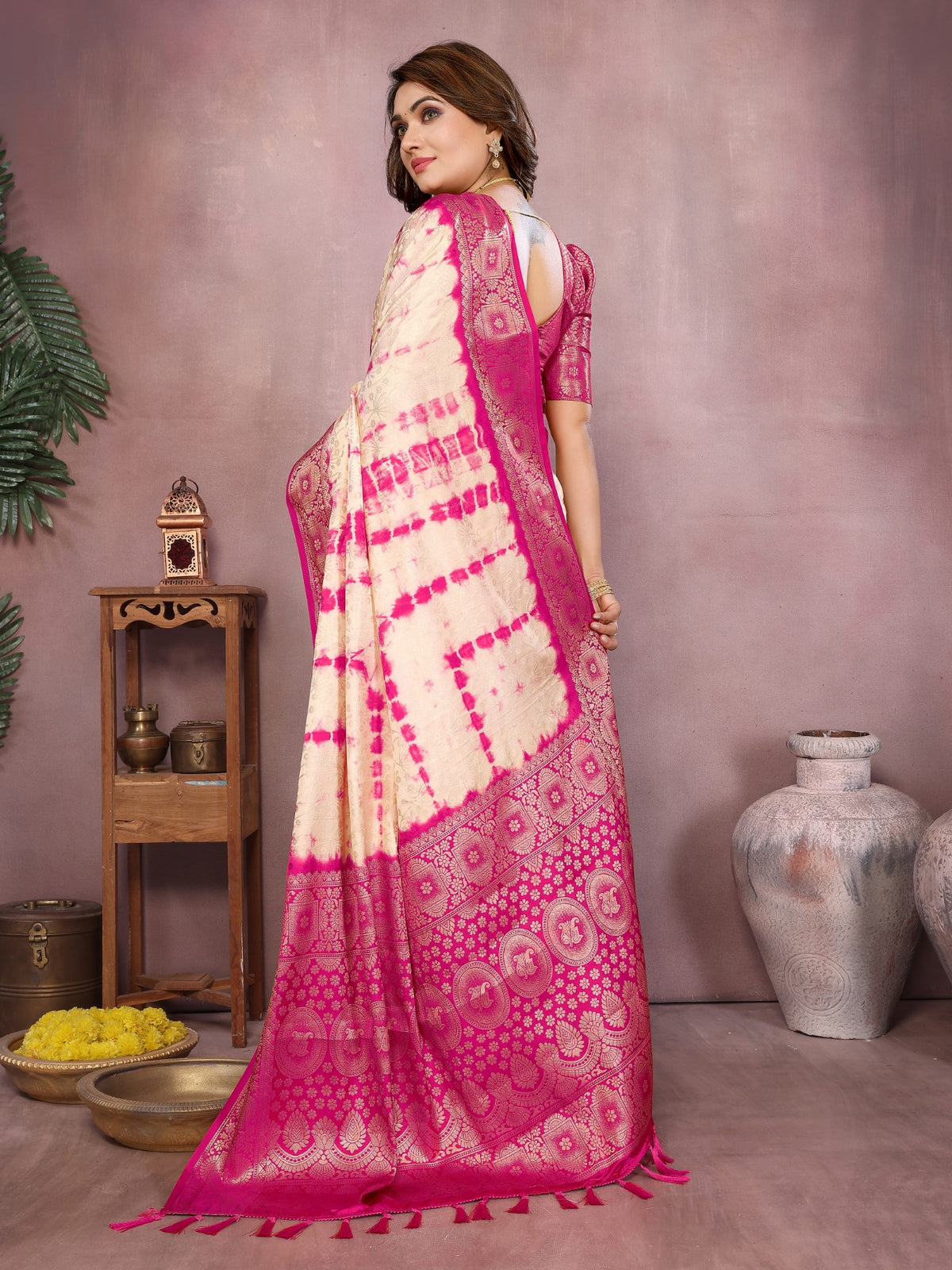 Cream Soft Satin Silk Saree With Traditional Sibory Zari Border