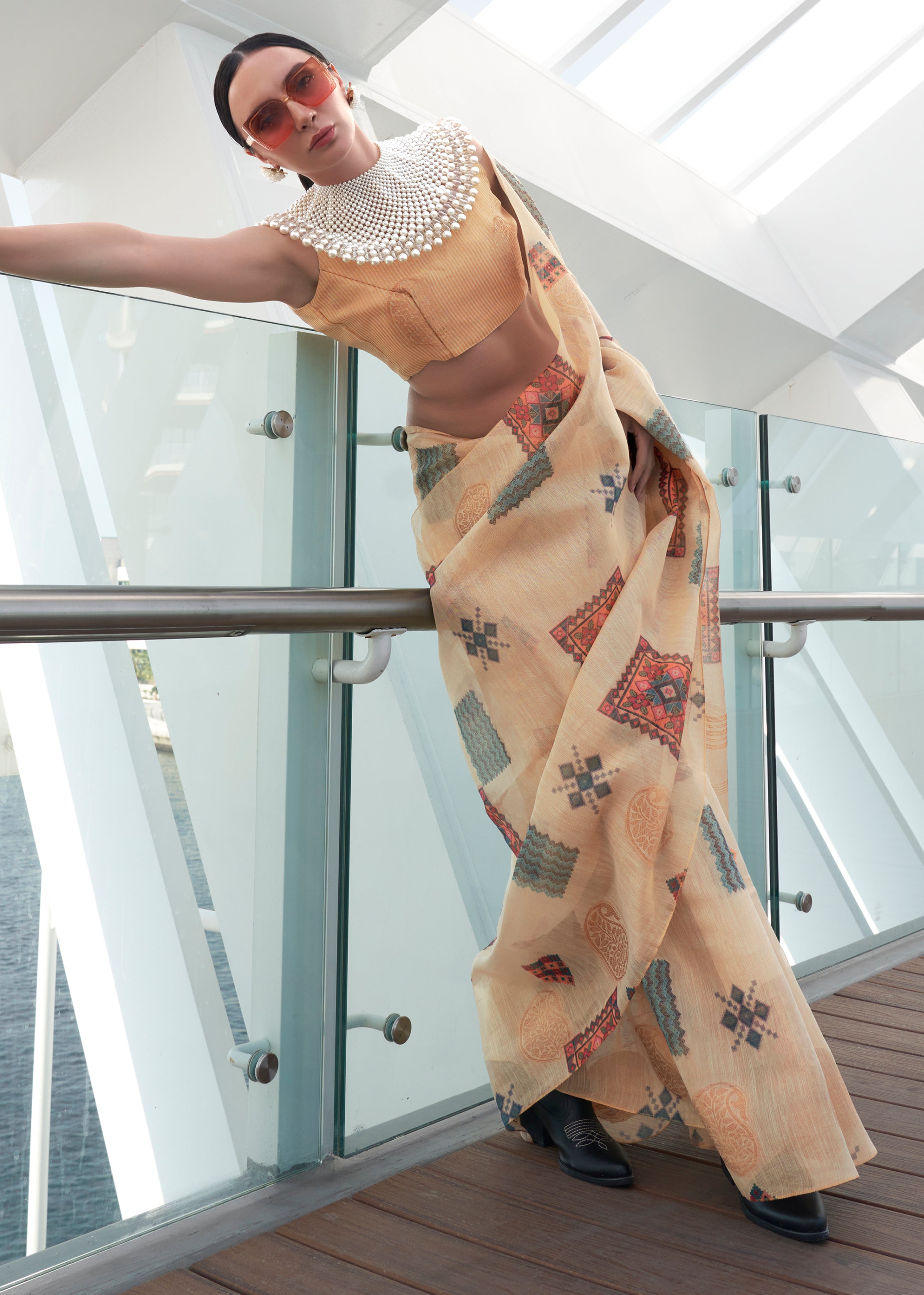 Cream Tissue Saree With Digital Print