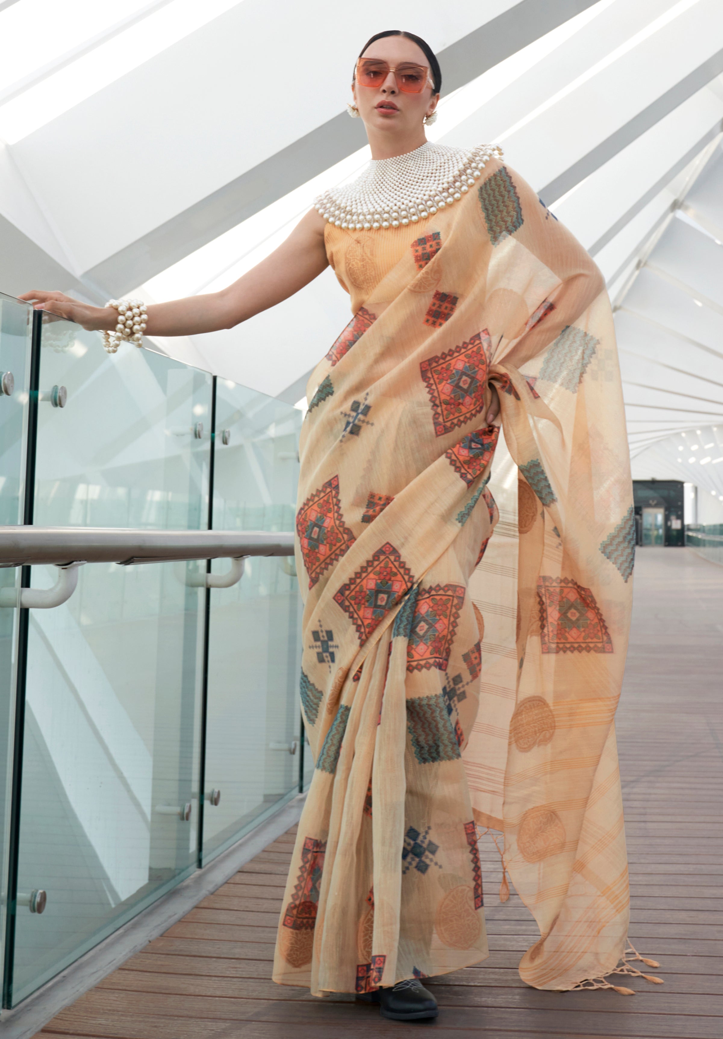 Cream Tissue Saree With Digital Print