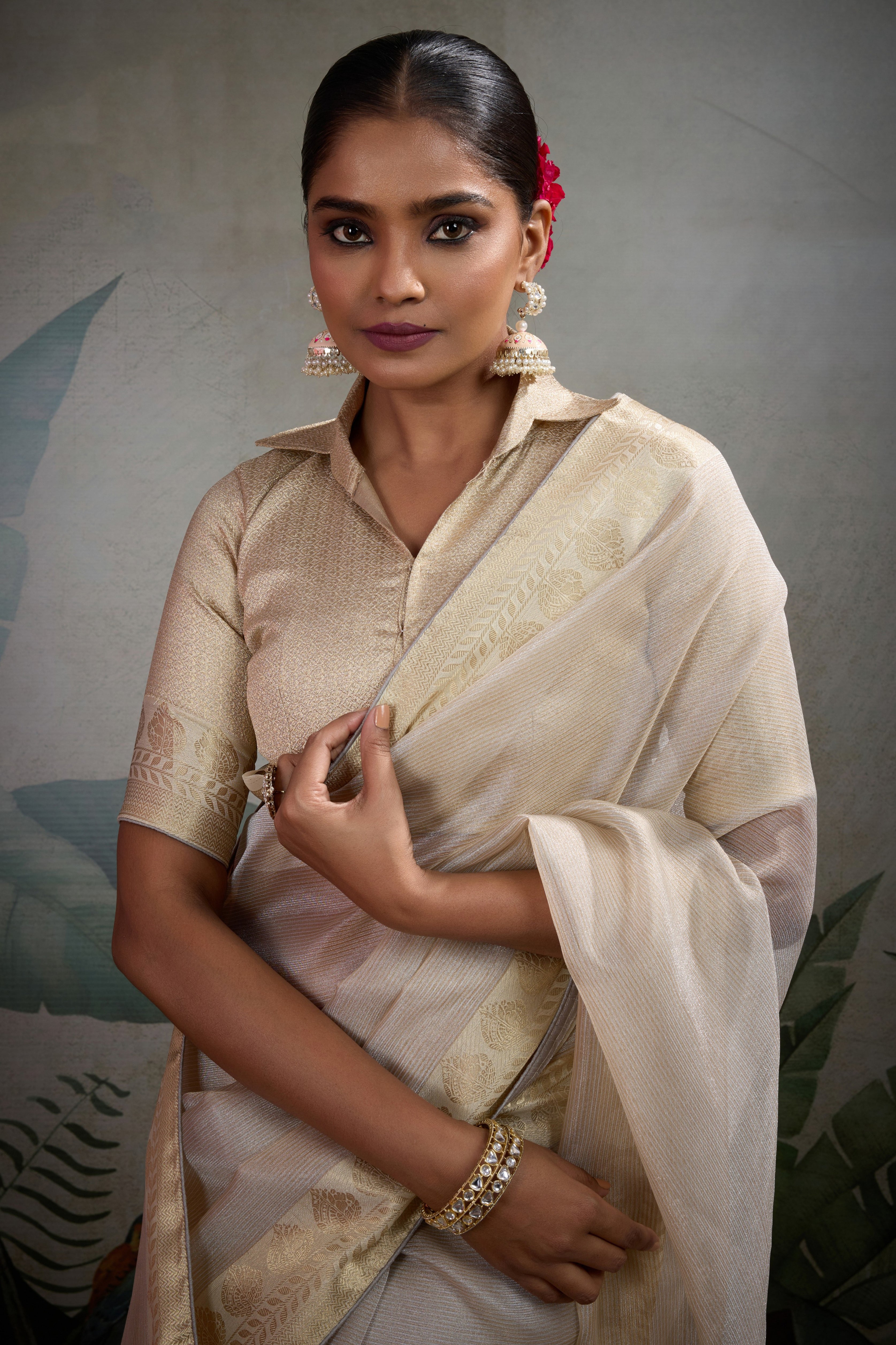 Cream Tissue Saree with Woven Patta Work
