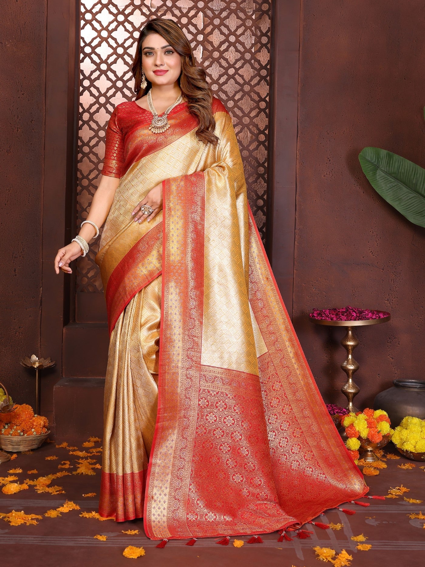 Cream Tissue Silk Saree With Traditional Woven