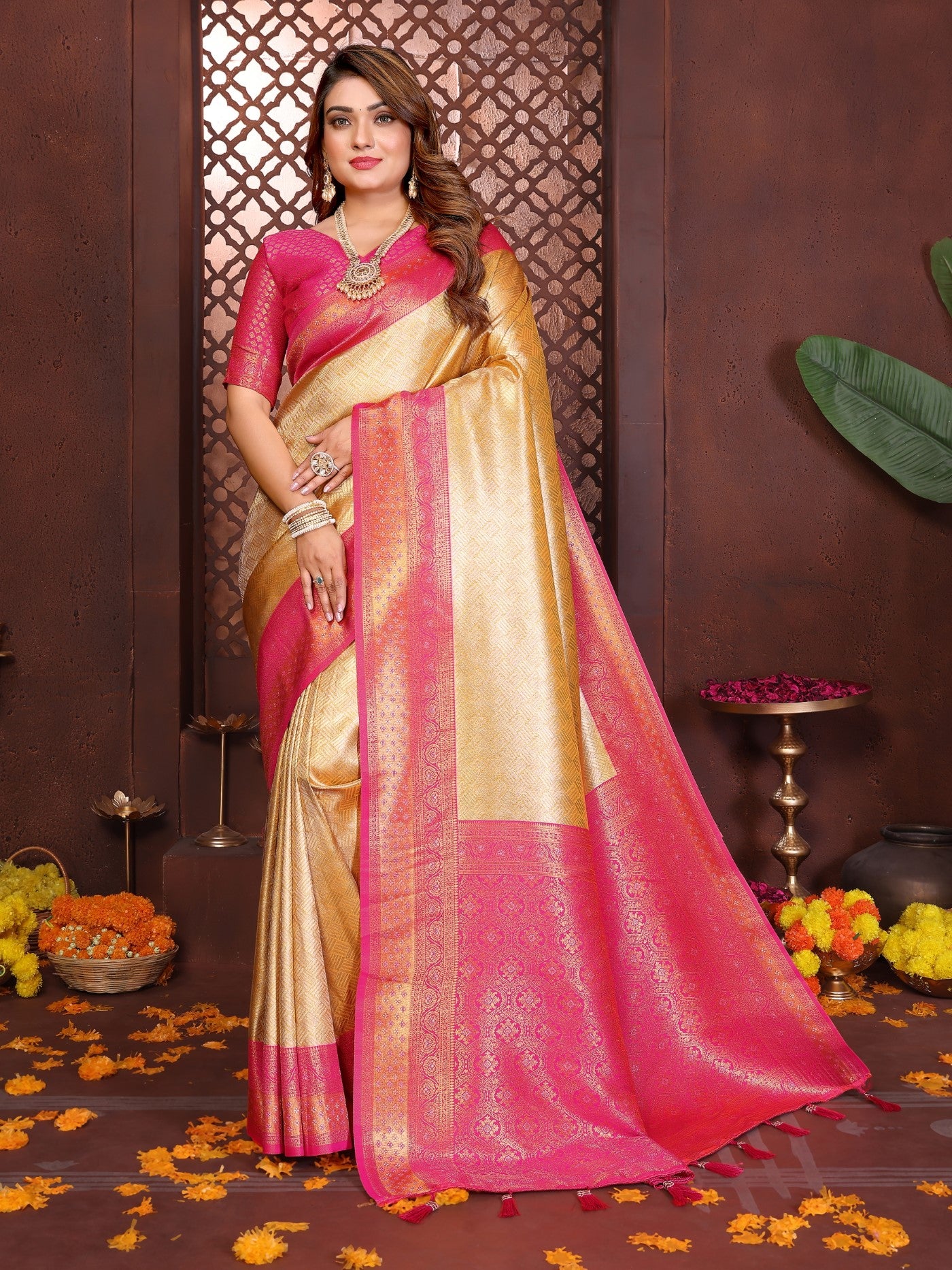 Cream Tissue Silk Saree With Traditional Woven