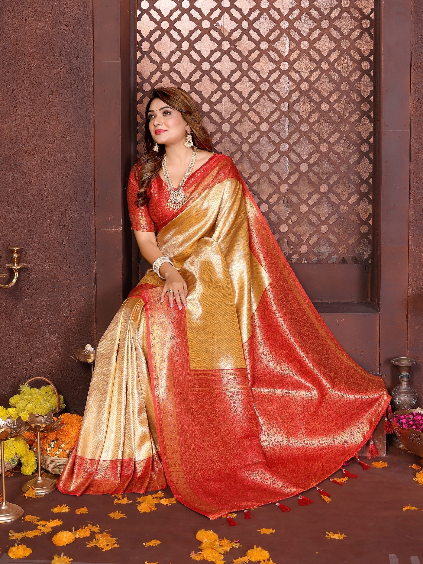 Cream Tissue Silk Saree With Traditional Woven