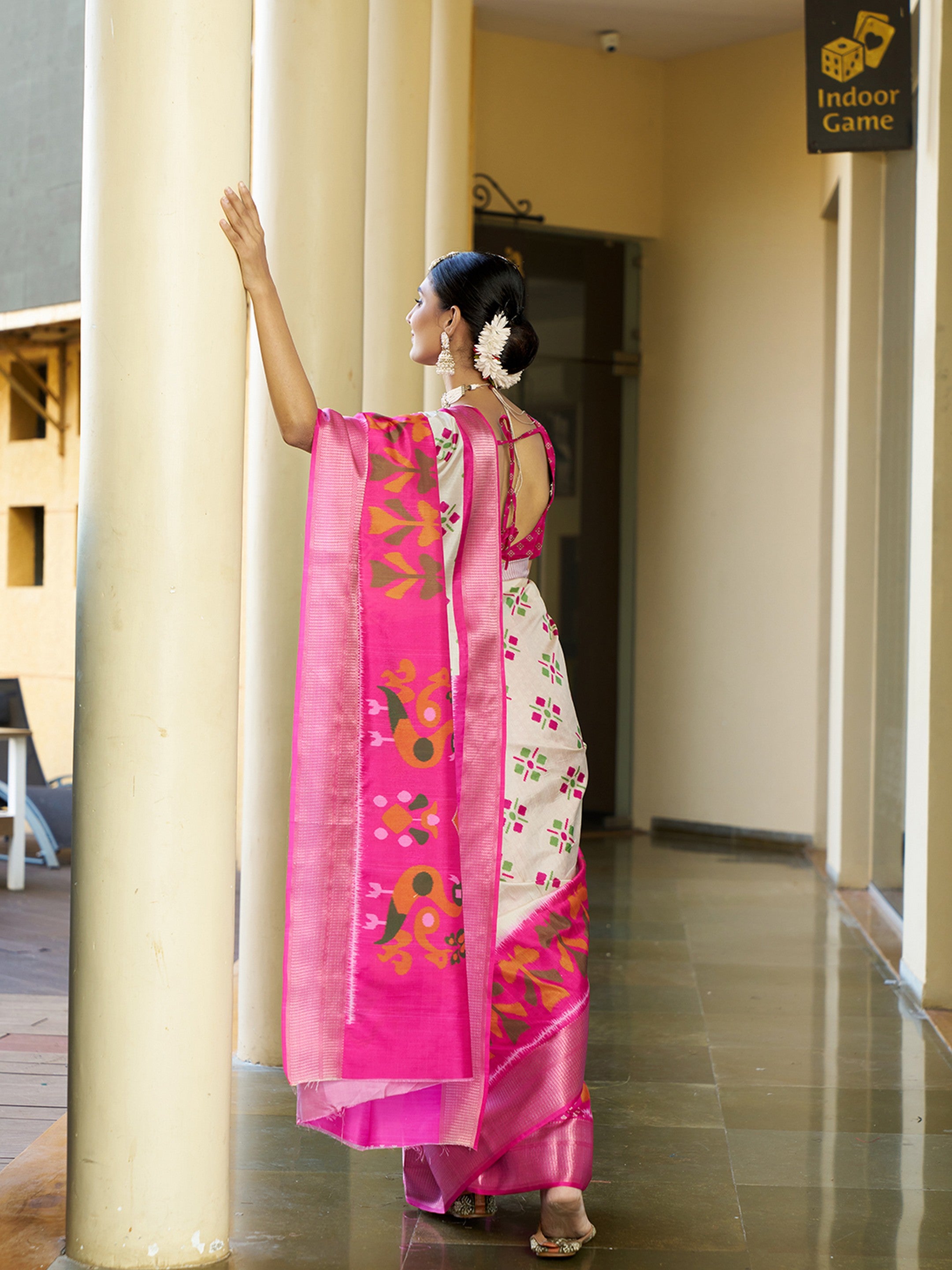 Cream Trendy Crepe Saree With Woven Zari Patta And Designer Print Work