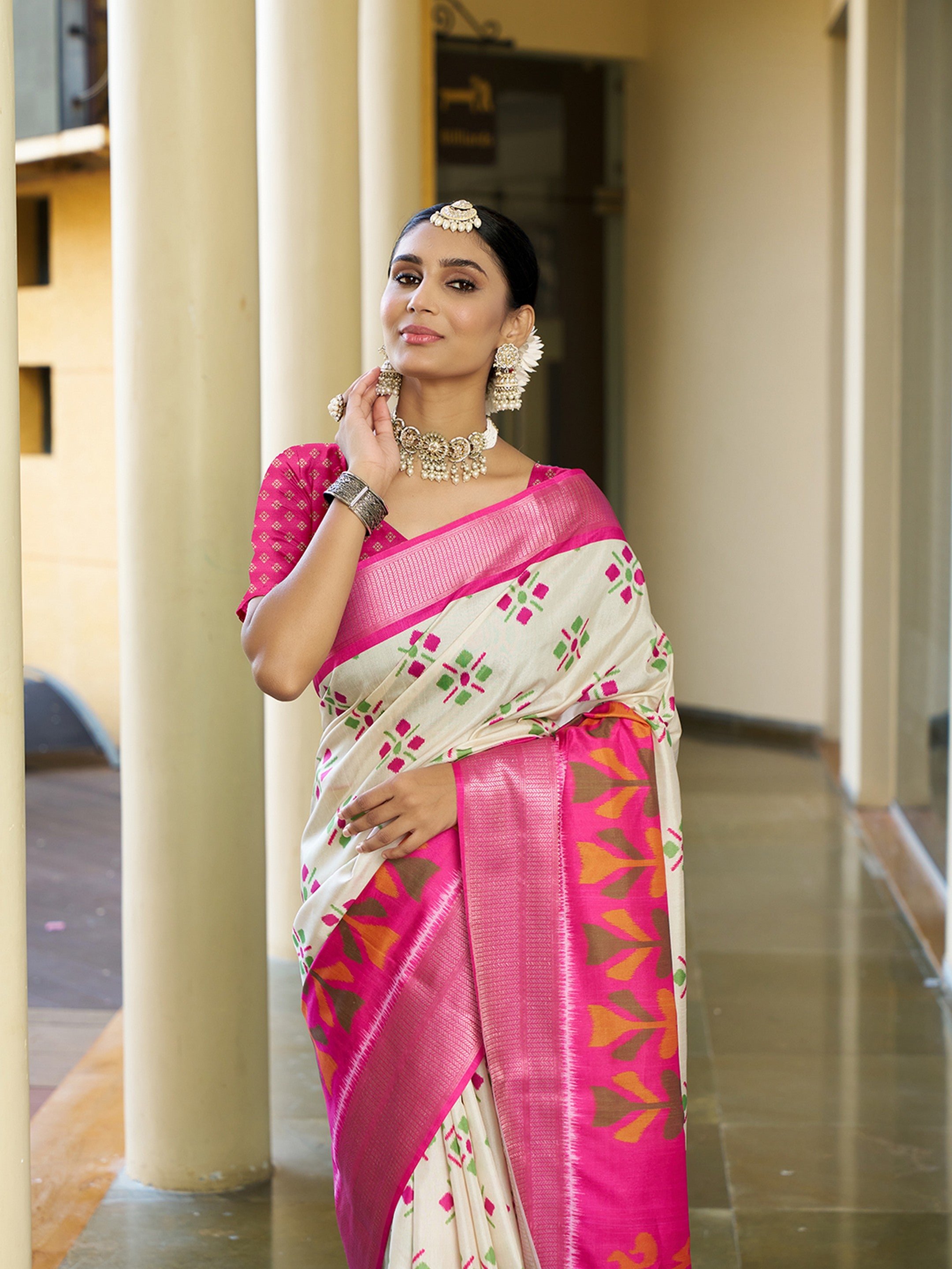 Cream Trendy Crepe Saree With Woven Zari Patta And Designer Print Work