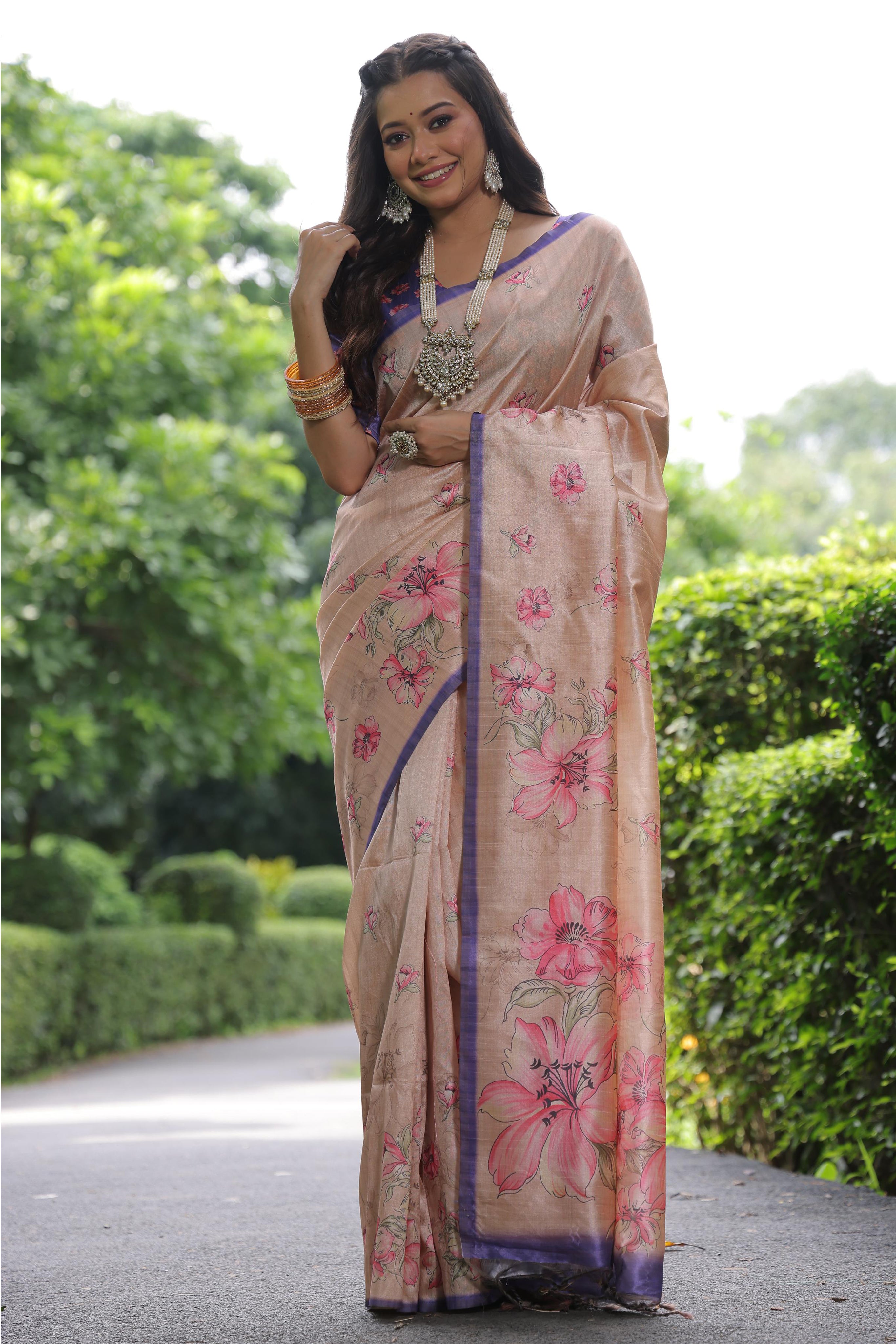 Cream Tussar Silk Saree with Sophisticated Floral Printed Design