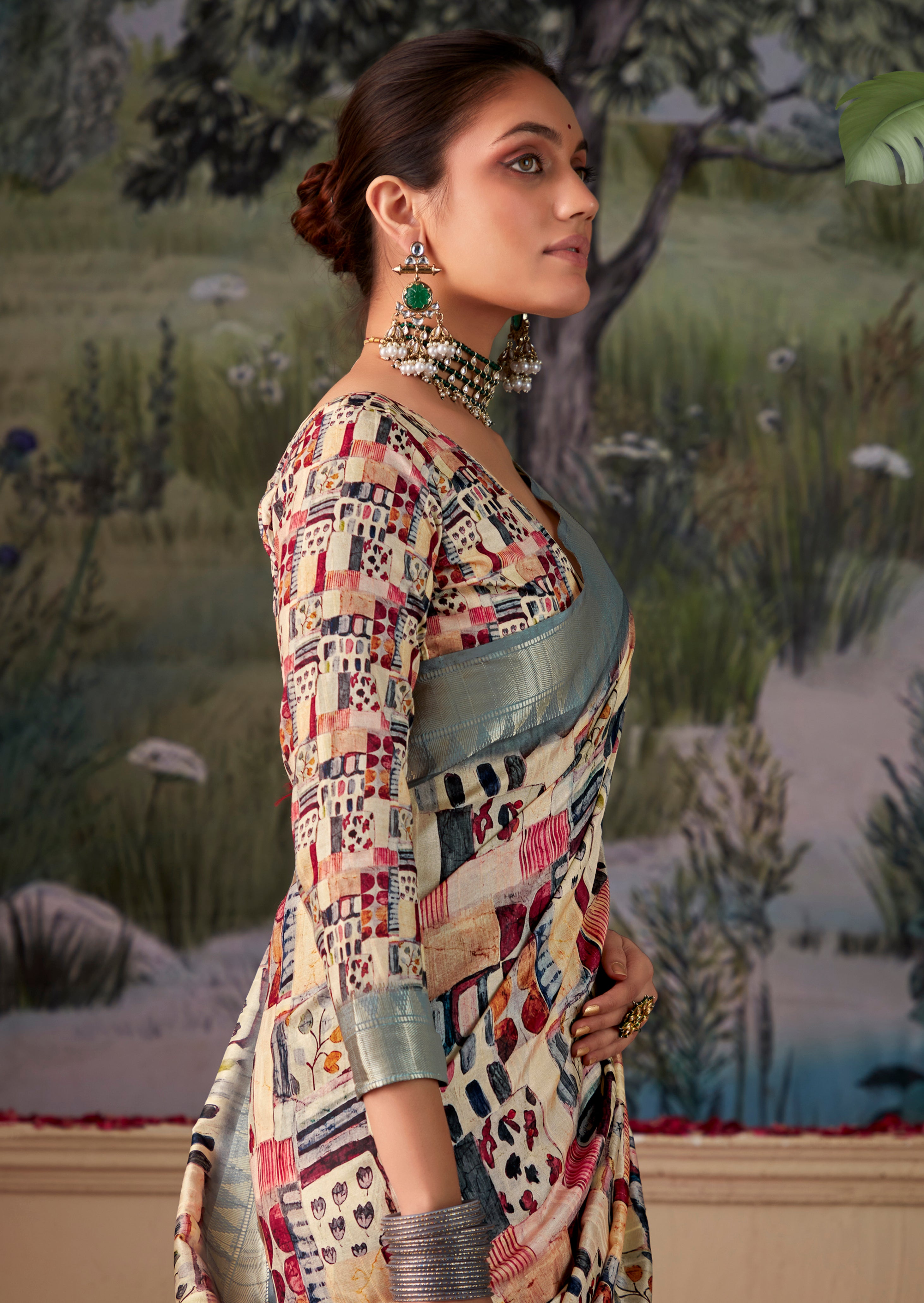 Cream Tusser Silk Saree With Jacquard Woven with Digital Print