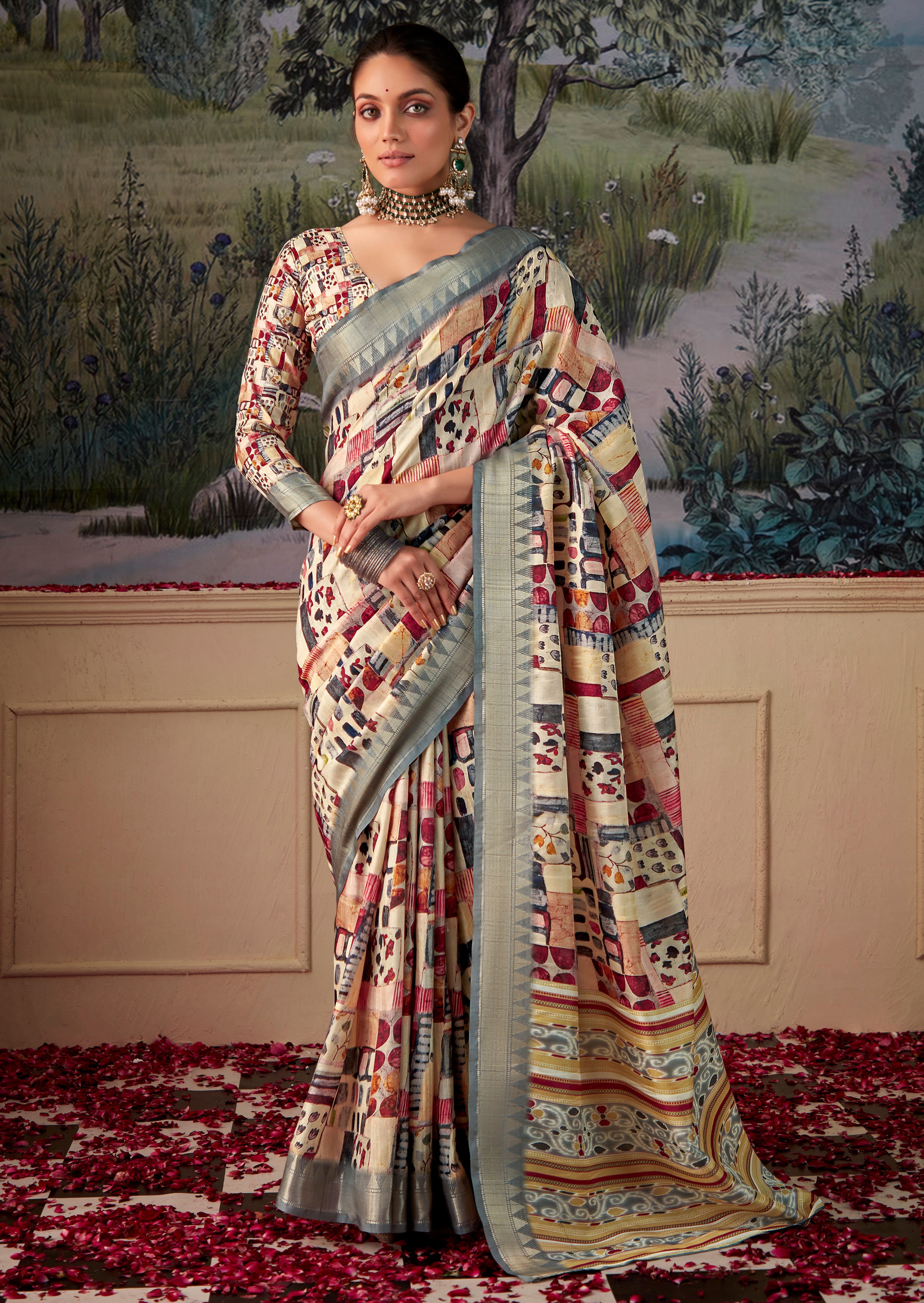 Cream Tusser Silk Saree With Jacquard Woven with Digital Print