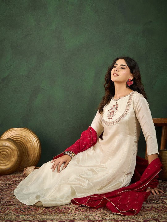 Cream Vichitra Silk Kurta Pant Set With Heavy Thread Embroidery Work