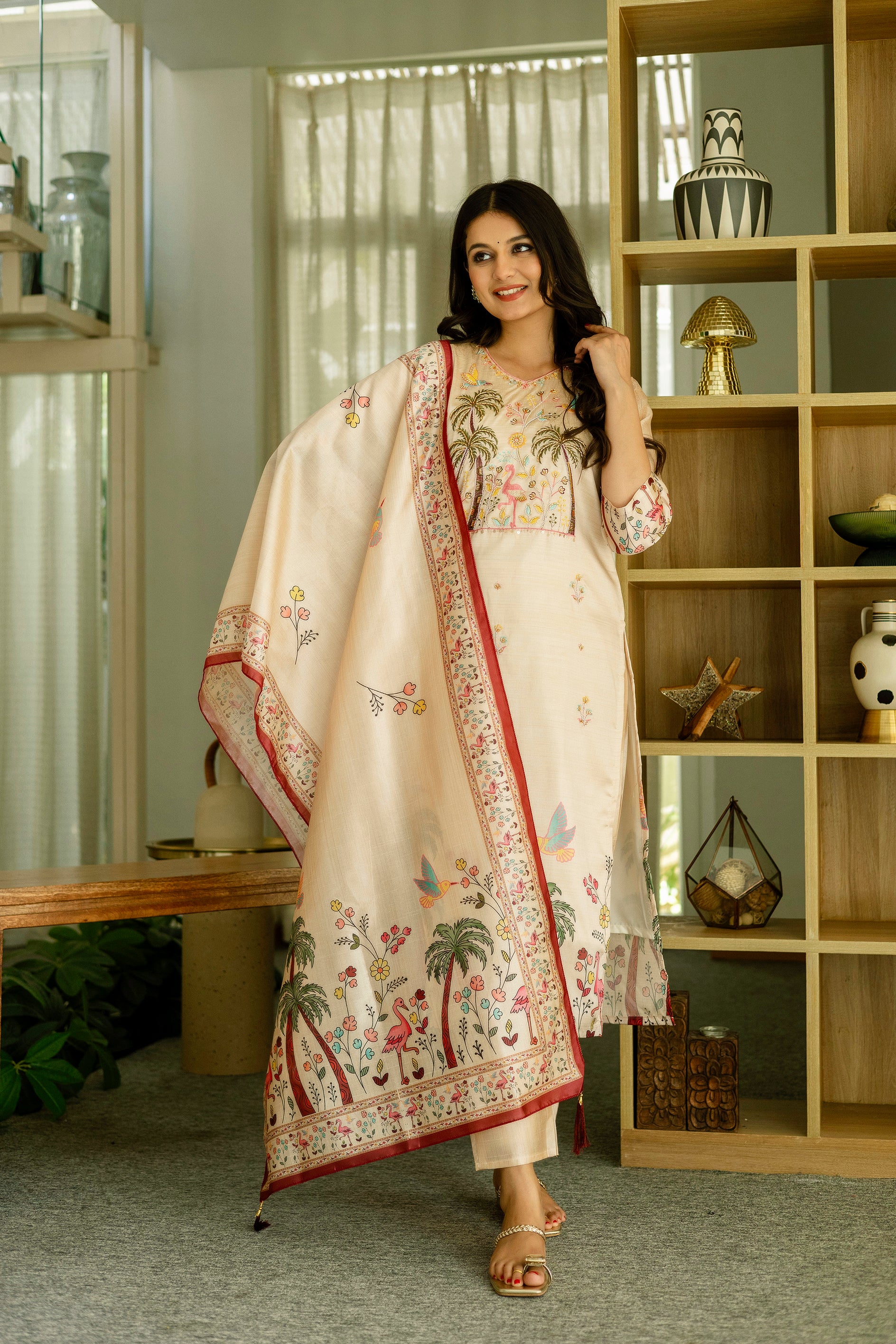 Cream Vichitra Silk Kurta Pant Set With Thread Embroidered With Print & Beads Work