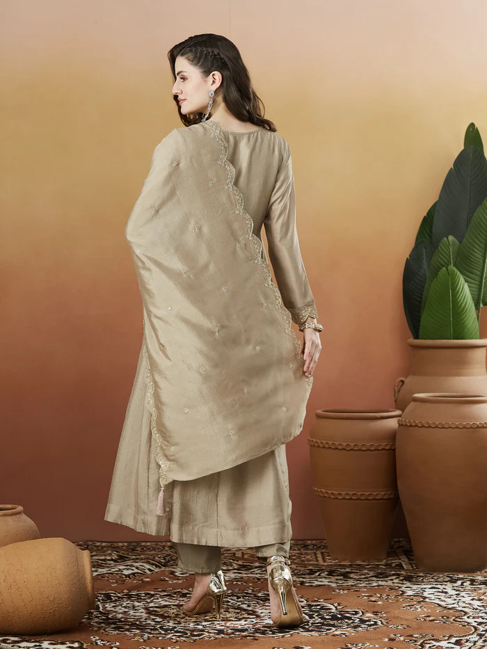 Cream Vichitra Silk Kurta Pant Set With Thread Embroidered With Sequins Work