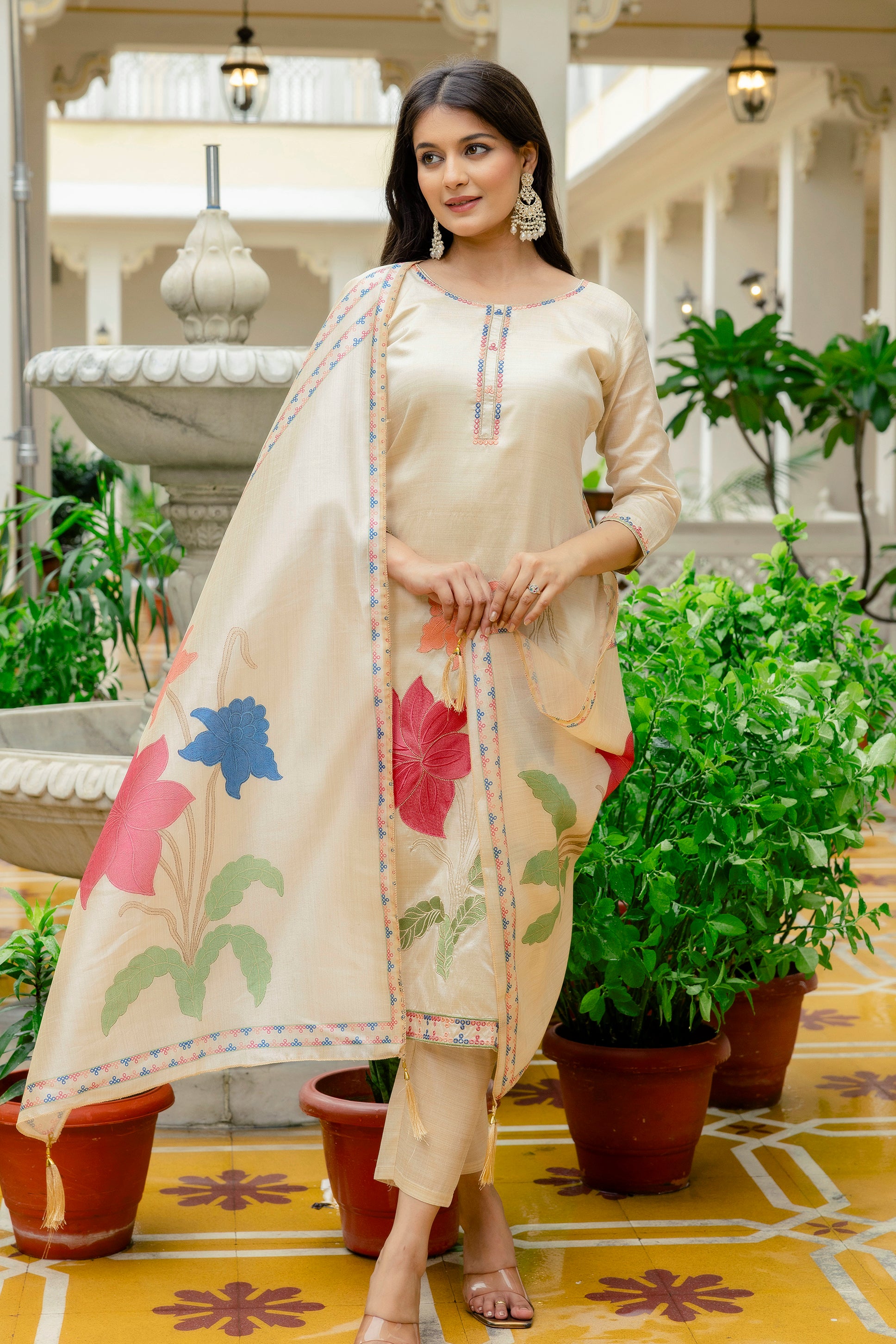 Cream Viscose Assam Silk Kurta Pant Set With Thread Embroidered Work With Printed Dupatta