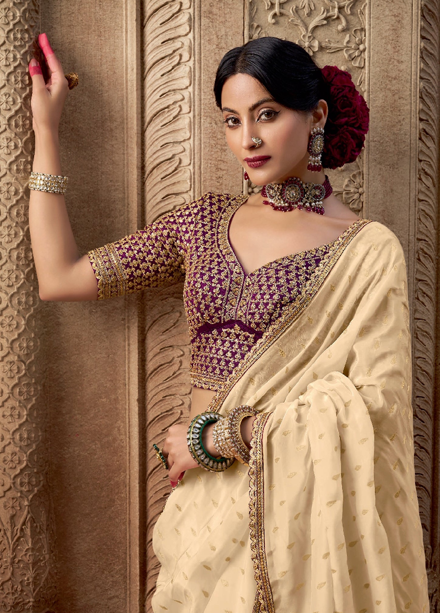 Cream Viscose Crepe Saree with Butti Weaving and Embroidered Blouse