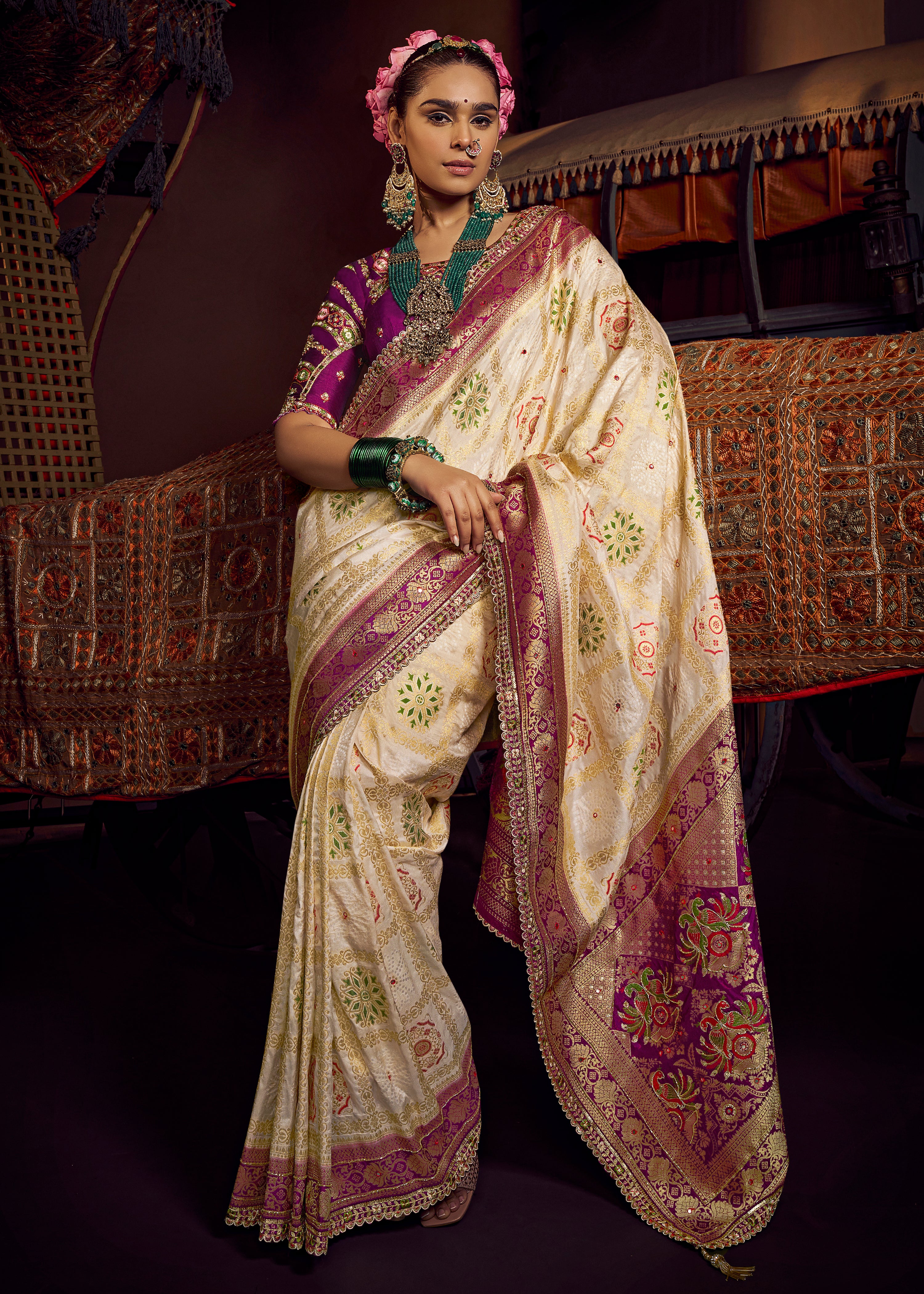 Cream Viscose Dola Saree with Hand Work and Embroidered Blouse