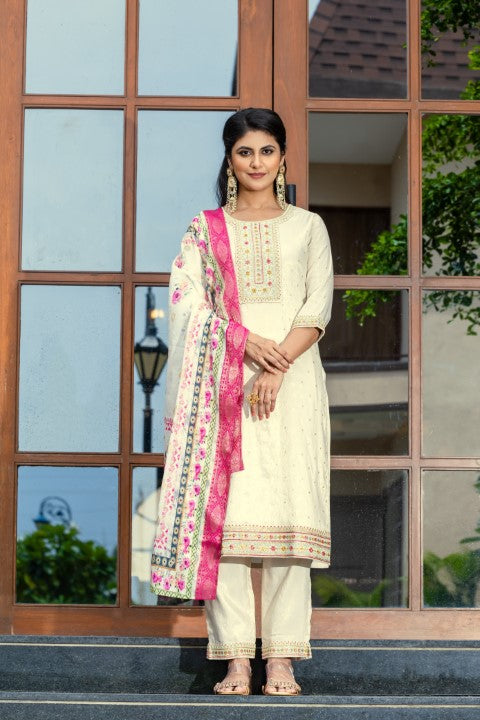 Cream Viscose Jacquard Kurta Pant With Thread Embroidery Work