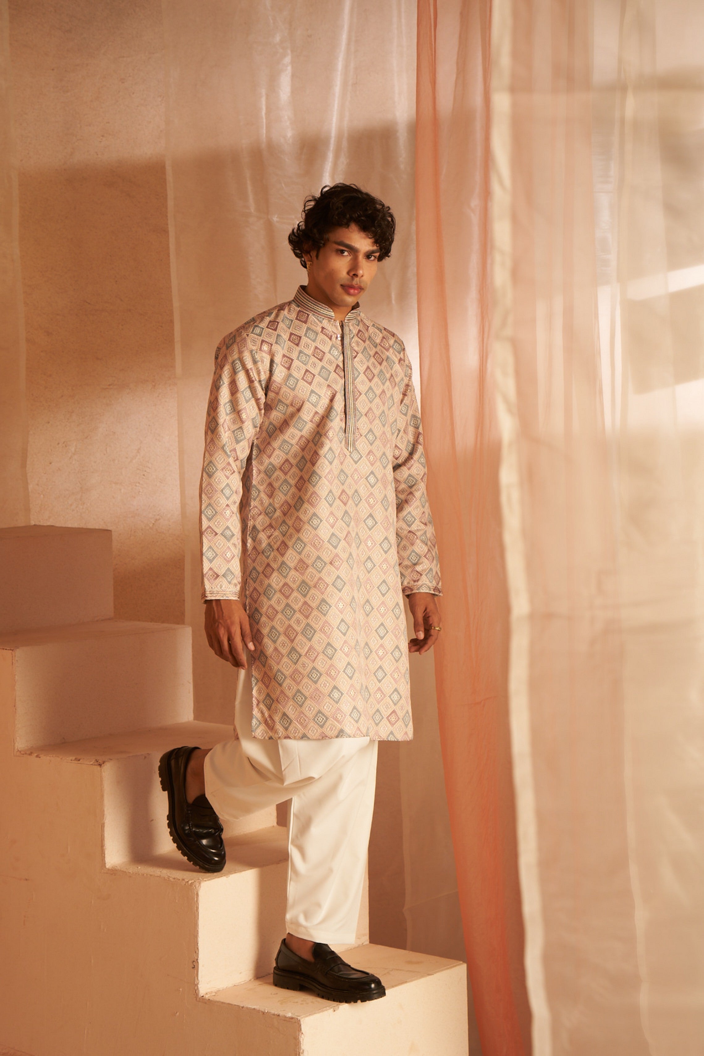 Cream Viscose Wevon Kurta Payjama – Soft Toned Ethnic Choice