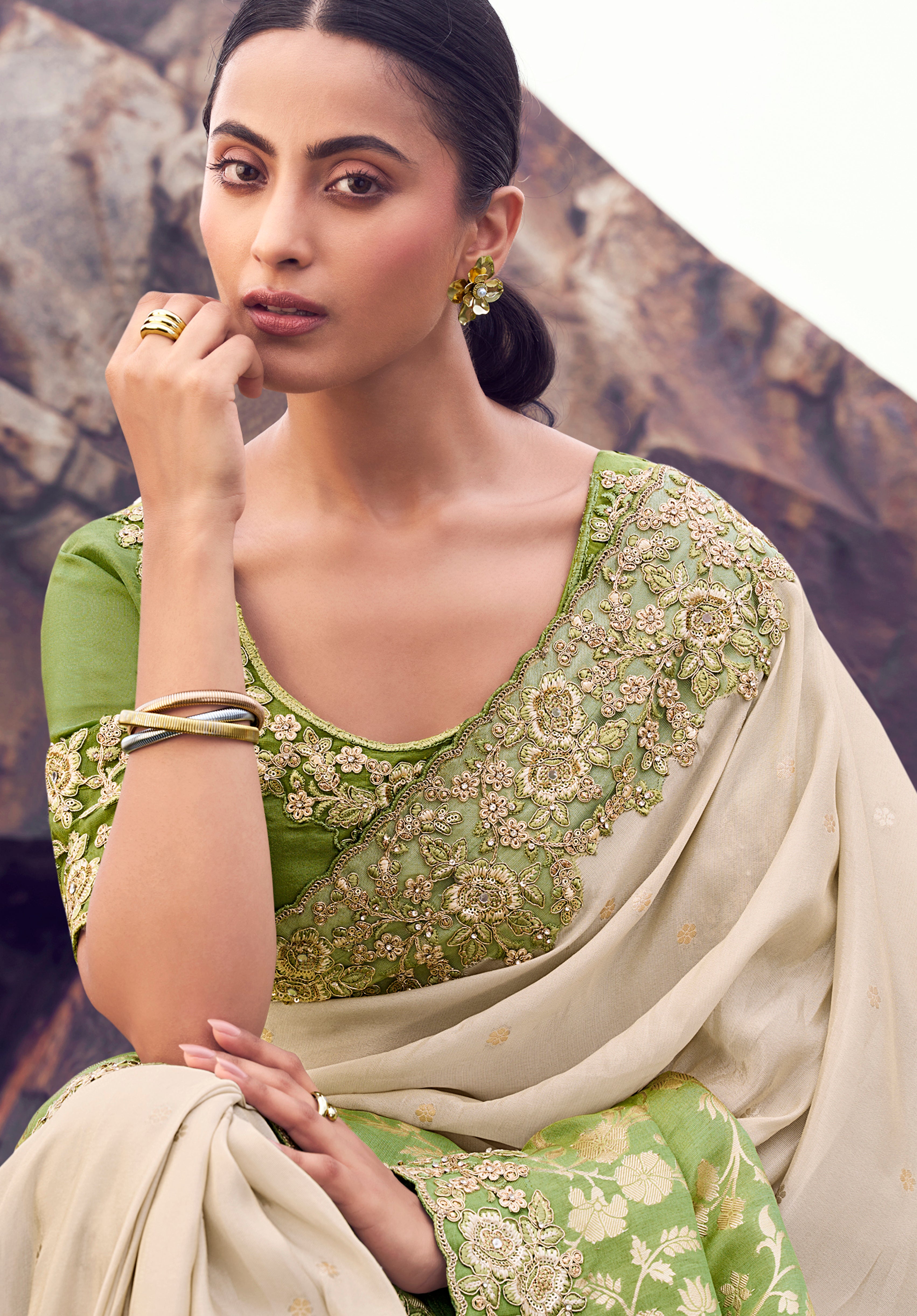 Cream & Green Saree With Jacquard Woven With Embroidered Border & Blouse