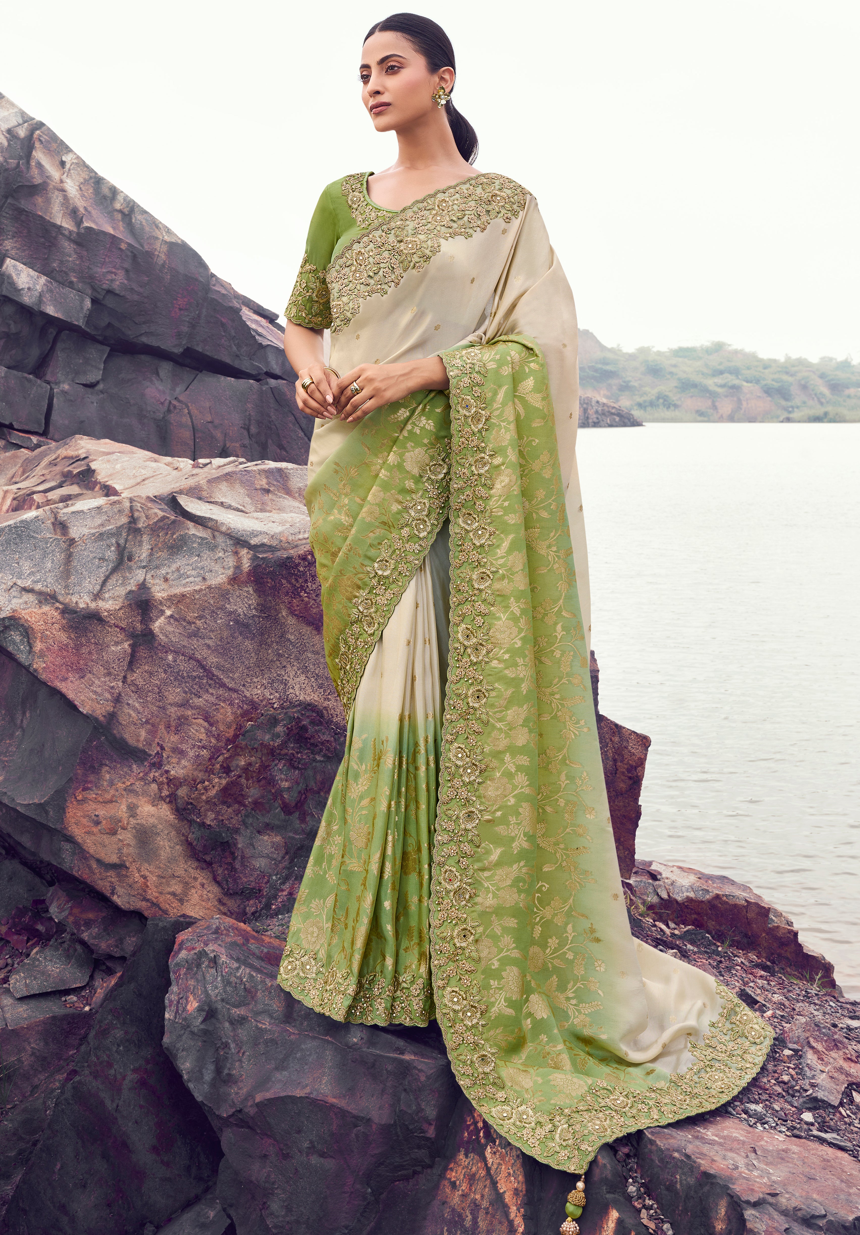 Cream & Green Saree With Jacquard Woven With Embroidered Border & Blouse