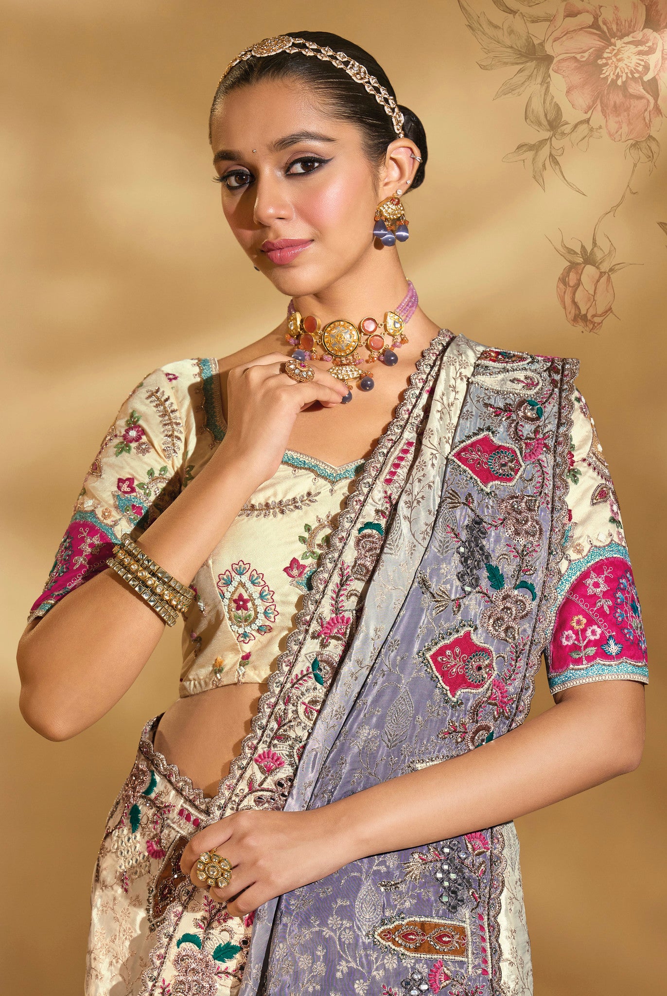 Cream & Grey Saree With Jari, Thread, Moti, Cut-Dana With Mirror Heavy Work
