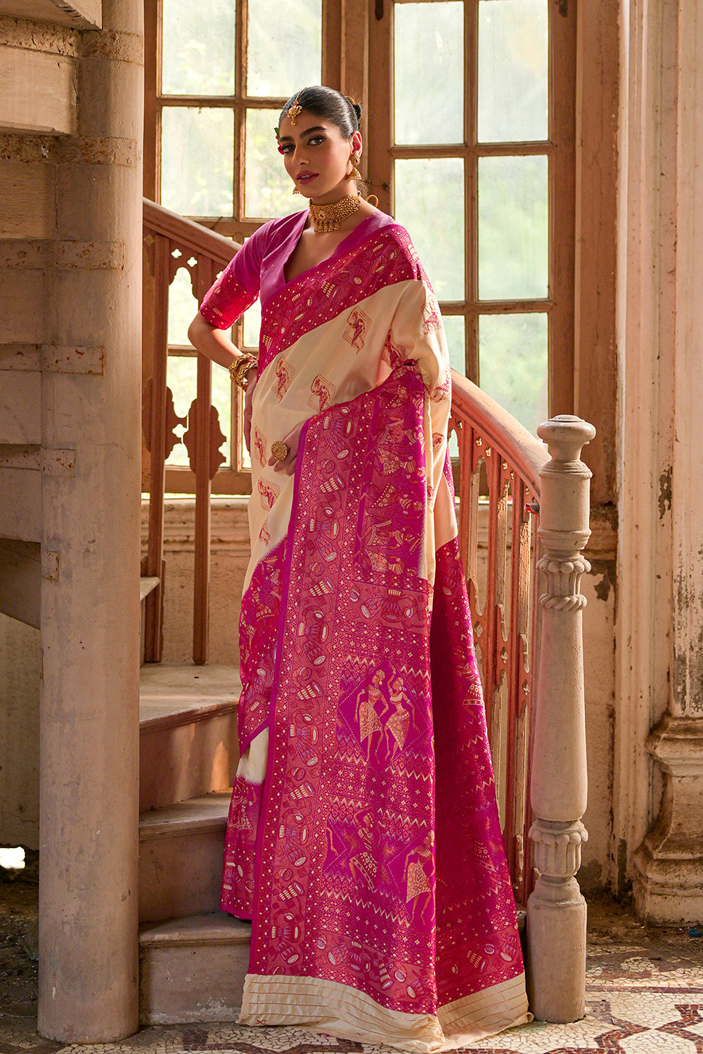 Cream & Pink Banarasi Silk Saree with Kalamkari Zari Design