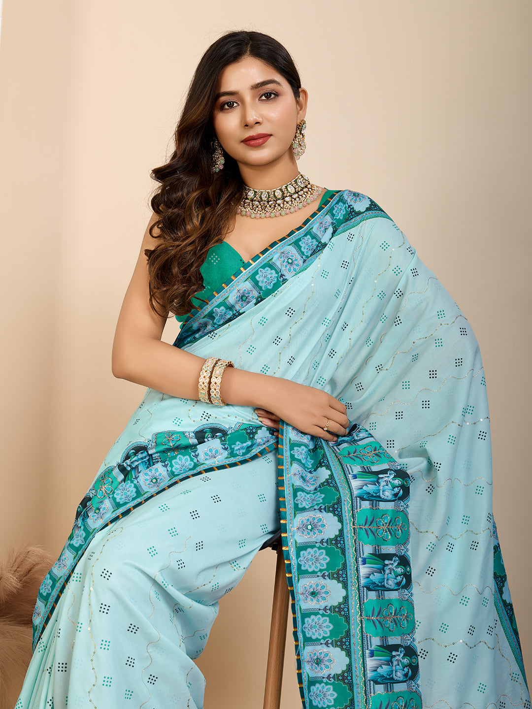Cyan Muslin Cotton Designer Digital Printed Ethnic Ceremonial Saree