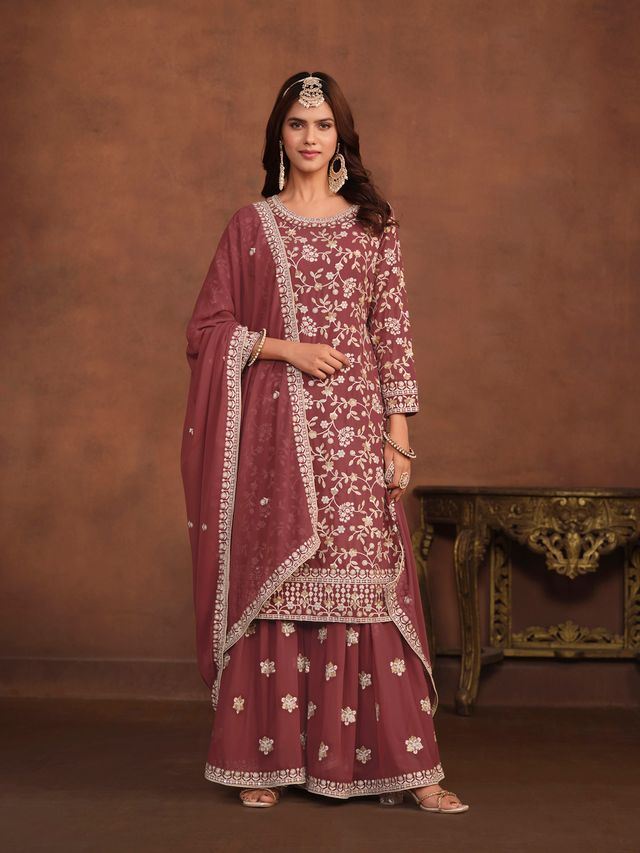 Dark-Crimson Salwar Kameez With Thread Emboirdered Work