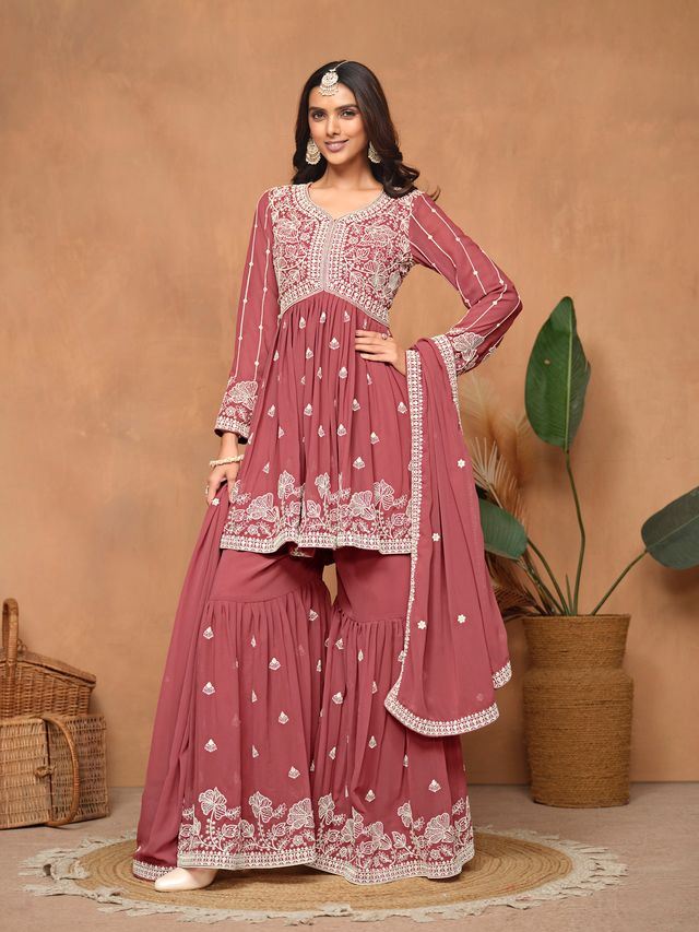 Dark-Rose Salwar Kameez With Thread Emboirdered Work