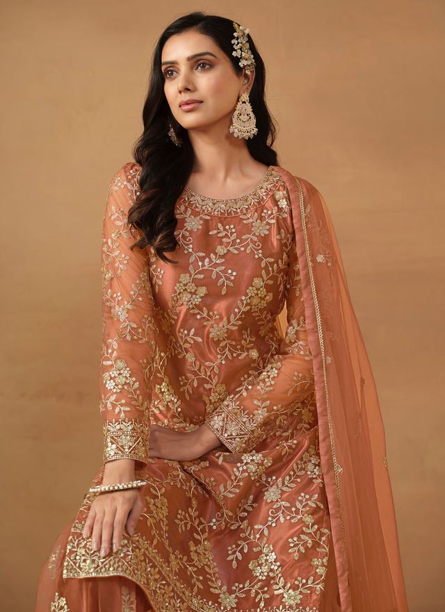 Dark-Salmon Salwar Kameez With Sequance Work