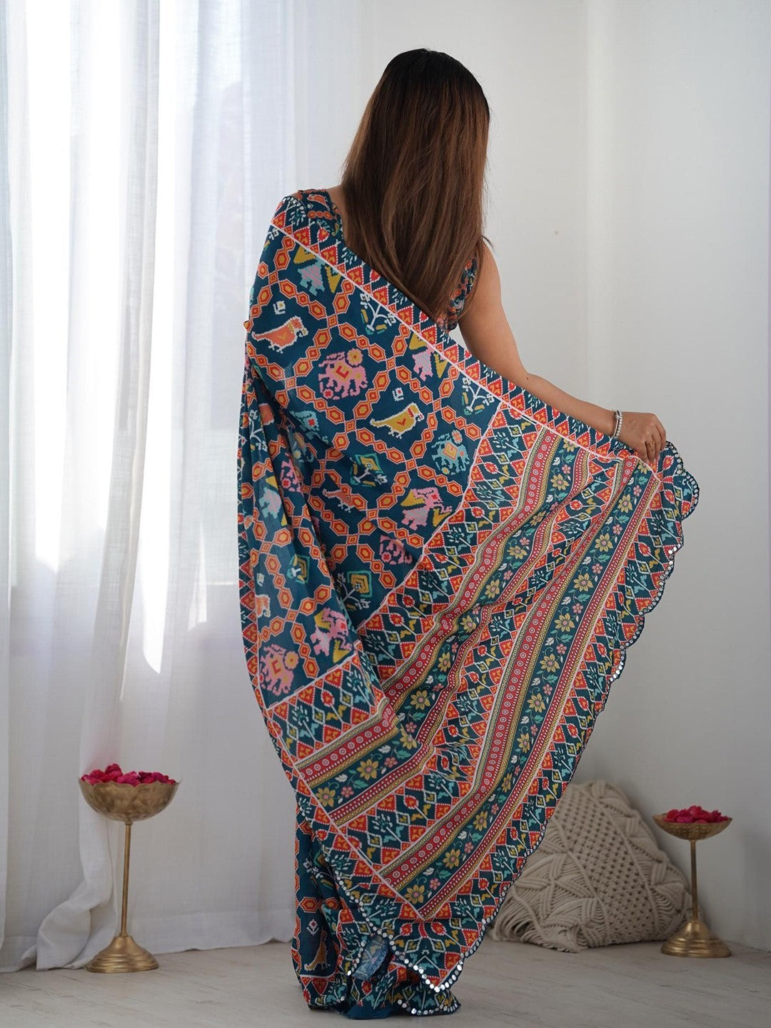 Dark Blue Georgette Saree With Digital Print And Mirror Work