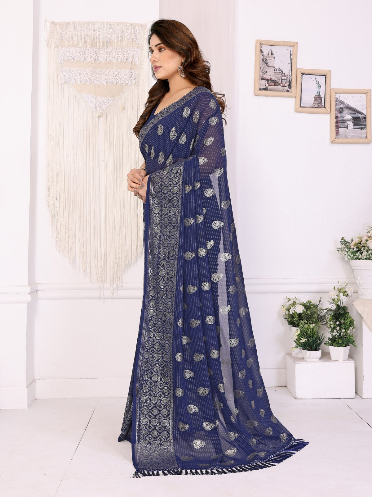 Dark Blue Georgette Saree With Foil Work And Designer Lace Border