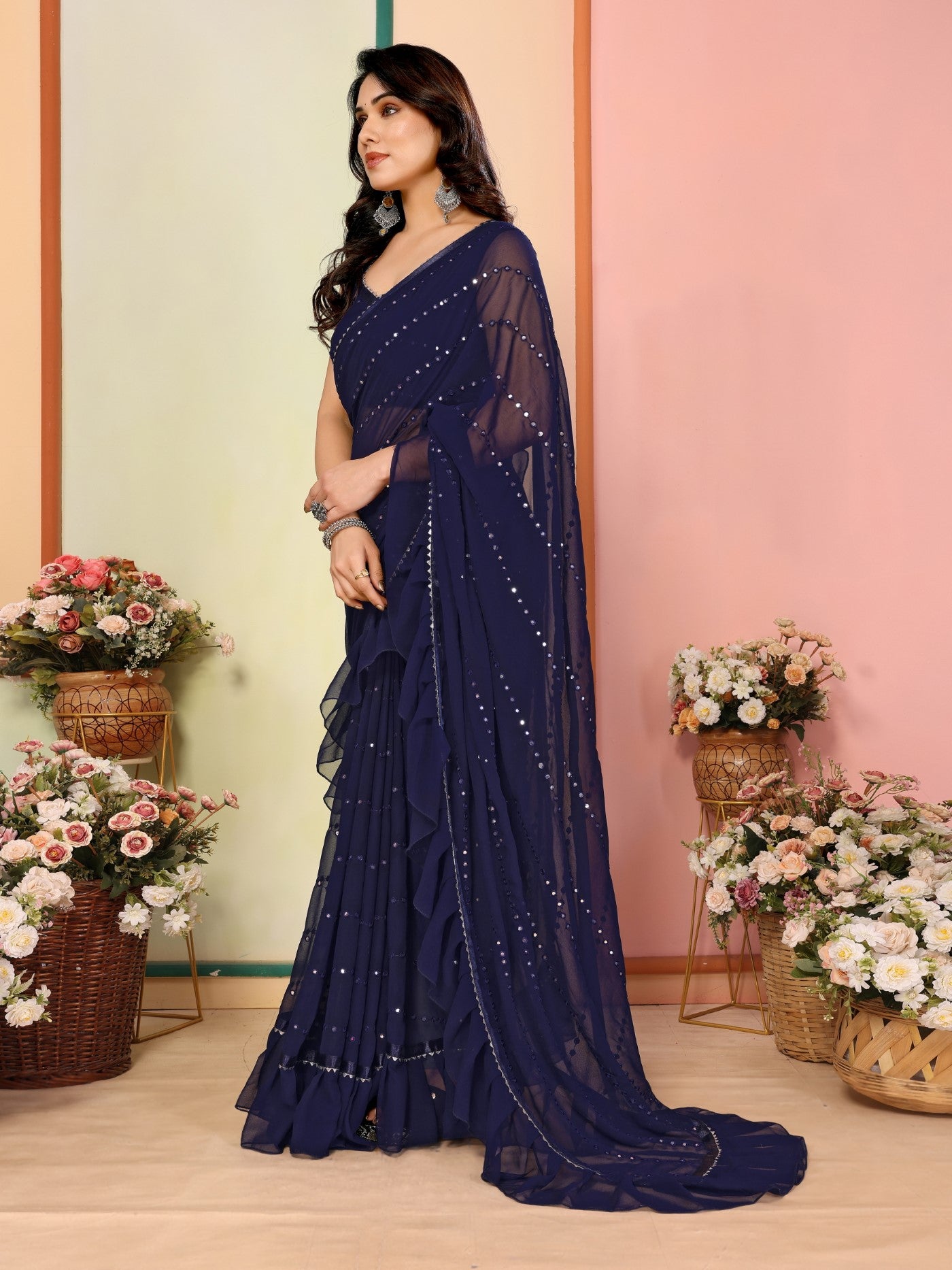 Dark Blue Georgette Saree With Ruffle Saree With Mirror Work With Mirror Work Blouse